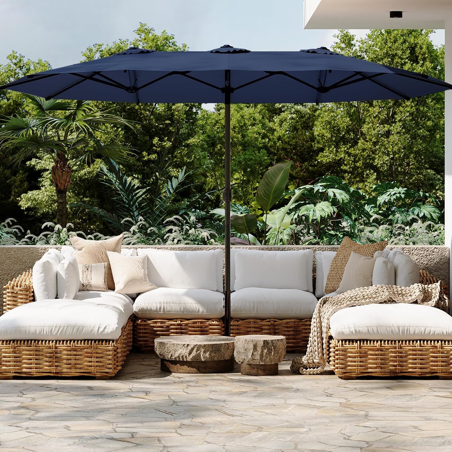 AECOJOY 15x9ft Double-Sided Patio Umbrella Outdoor Market Umbrella Large Umbrella Table 177''x104'' Umbrellas with Crank Air Vents for Deck Pool Patio (1.9" Pole, Dark Blue)