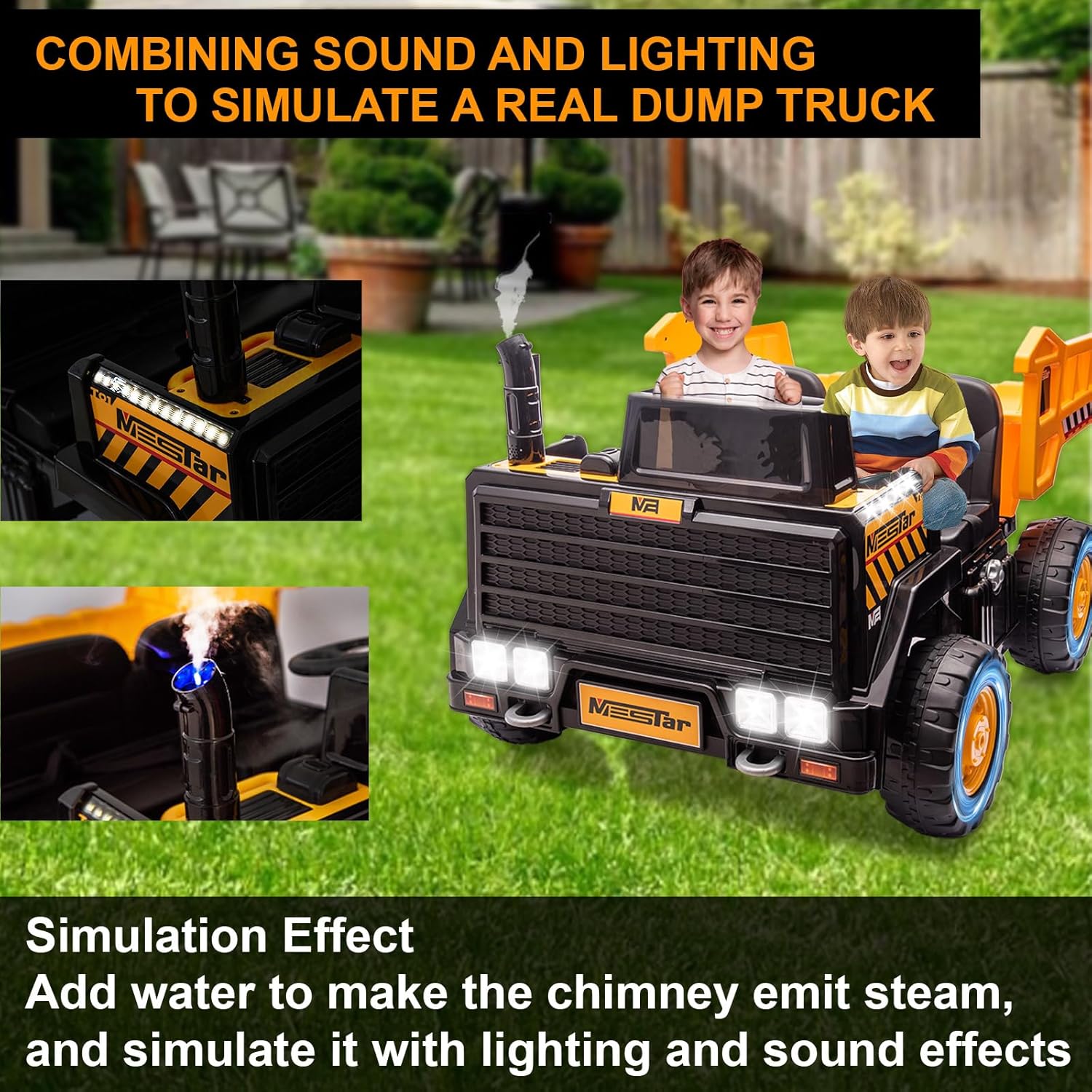 Image showing the dump truck with sound and lighting effects, including a chimney emitting steam.