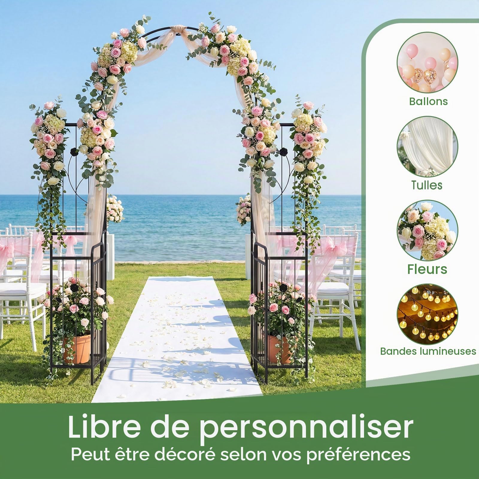 HOMASIS Arche de Jardin Haute avec Porte Verrouillable, Tonnelle Métallique Robuste avec Treillis et Étagères Latérales pour Plantes Grimpantes, pour Mariage, Pelouse (163x50x220cm)