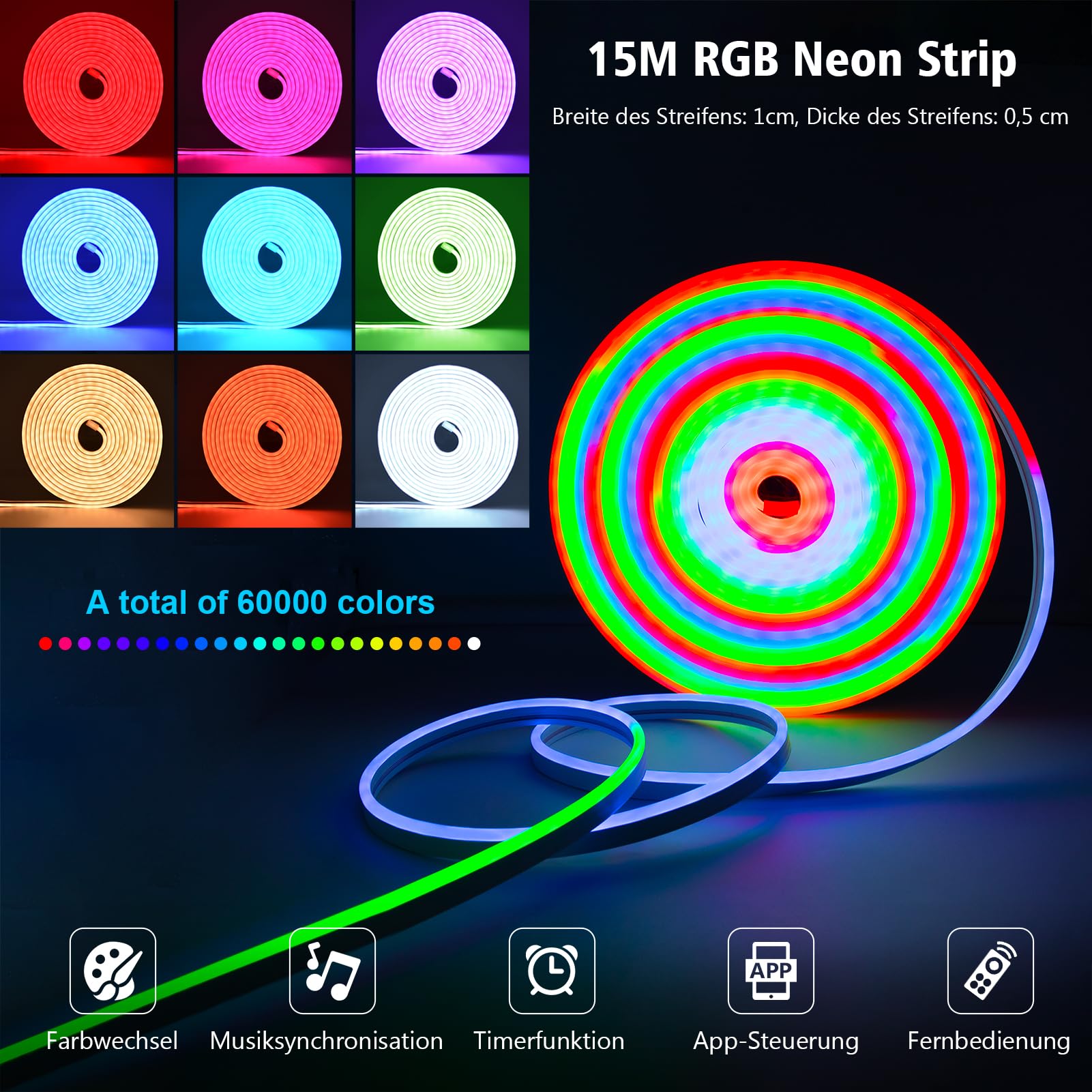 CCILAND 15 m RGB Neon LED Strip, Neon LED Streifen mit App/Fernbedienung | IP67 Wasserdicht flexible mehrfarbige LED Neon Rope Light für Gaming Schlafzimmer Innen und Außendekoration