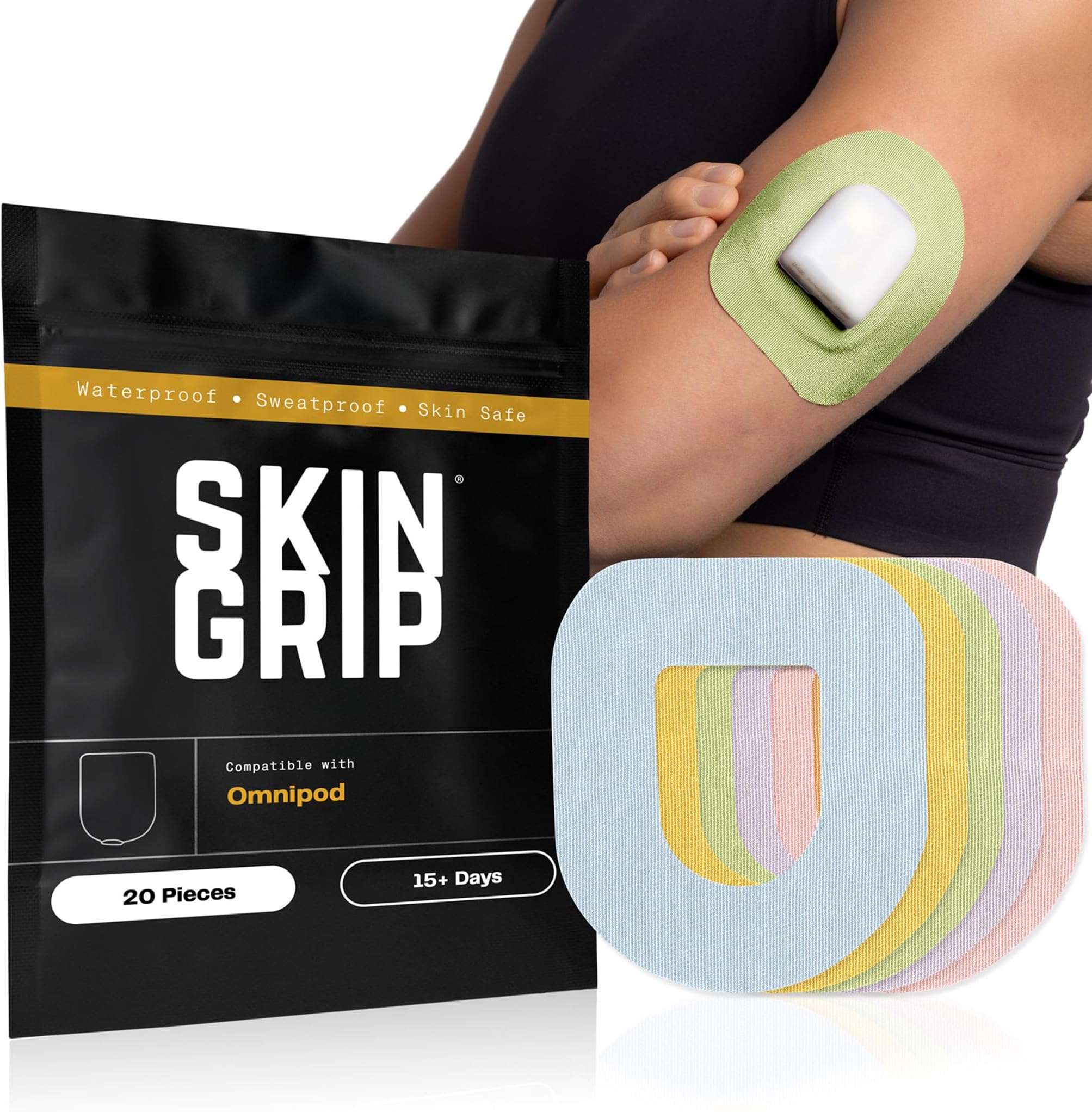 Skin Grip CGM Patches for Insulet Omnipod (20-Pack), Waterproof & Sweatproof for 10-14 Days, Pre-Cut Adhesive Tape, Continuous Glucose Monitor Protection(Pastel)
