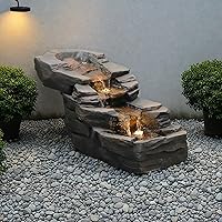 Sunlinua 3-Tier Outdoor Waterfall Fountain with LED Lights - Natural Rock River Design for Garden Patio Porch 30"