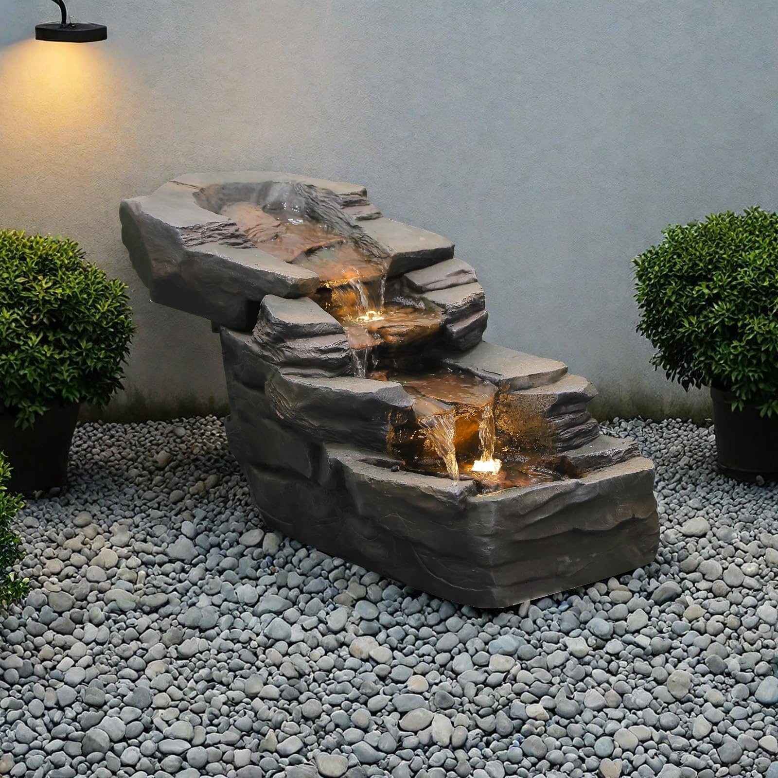 Sunlinua Outdoor Water Fountain 3-Tier Floor Standing Rainforest Rock River Natural Waterfall Fountains with LED Lights for Garden, Patio, Porch, Home Art Decor, 30" L