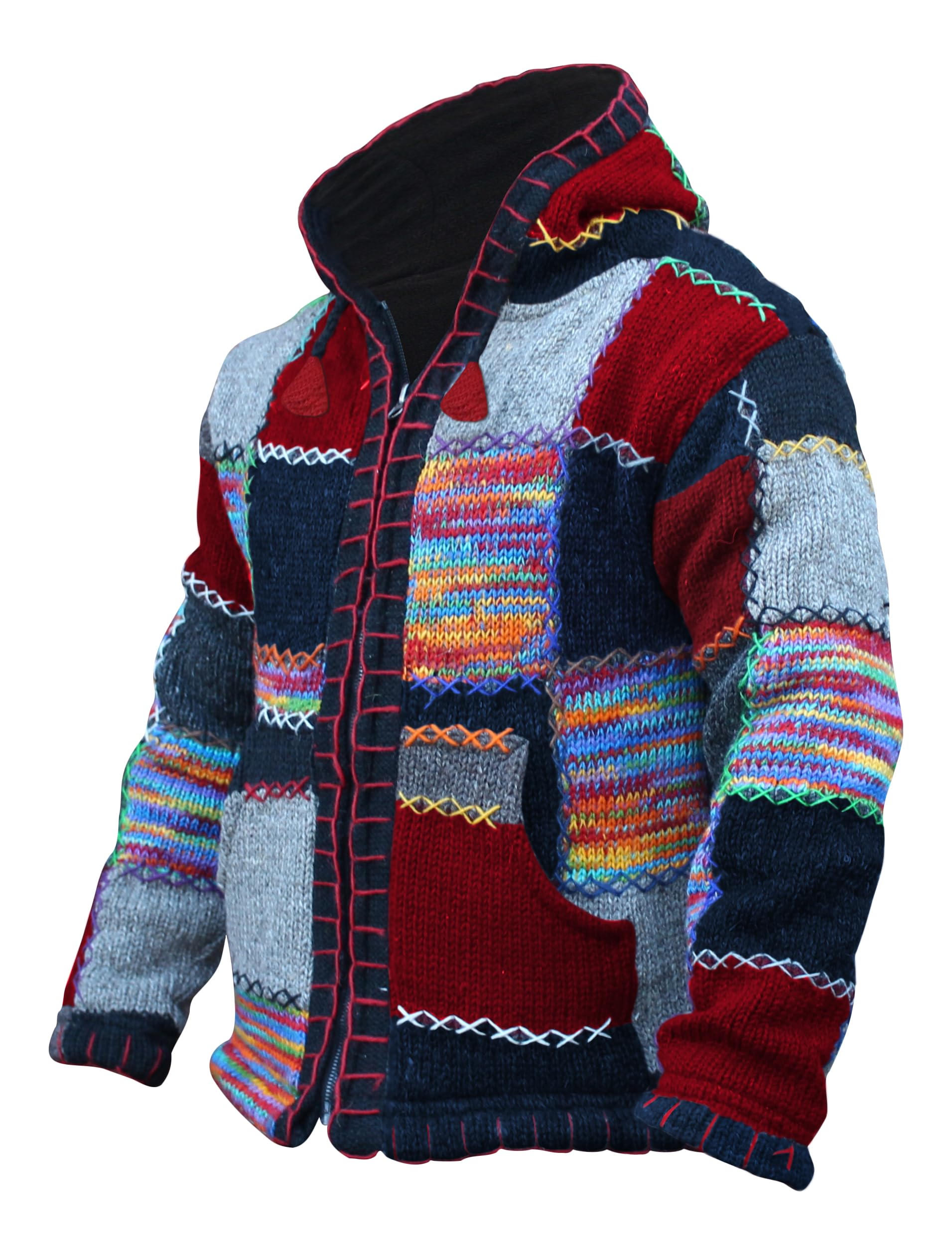 SHOPOHOLIC FASHION Giacca da Uomo in Lana Patchwork Colorata con Cappuccio Supercosy Festival Hippy Boho