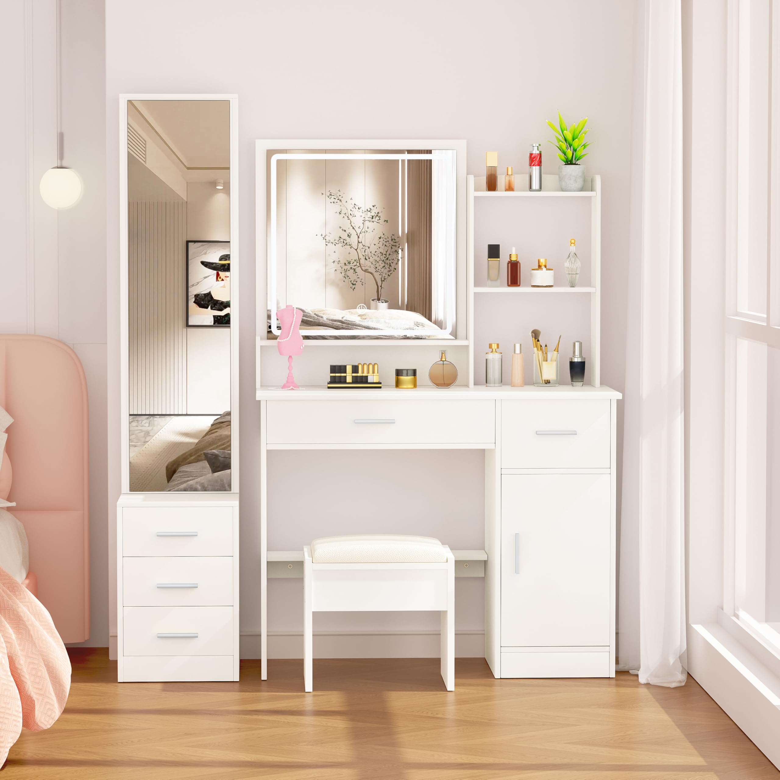 INTERGREAT Makeup Vanity Desk with Lights and Full-Length Mirror, White Vanity Table Set with 3 Lighting Modes, Dressing Table with Drawers, Large