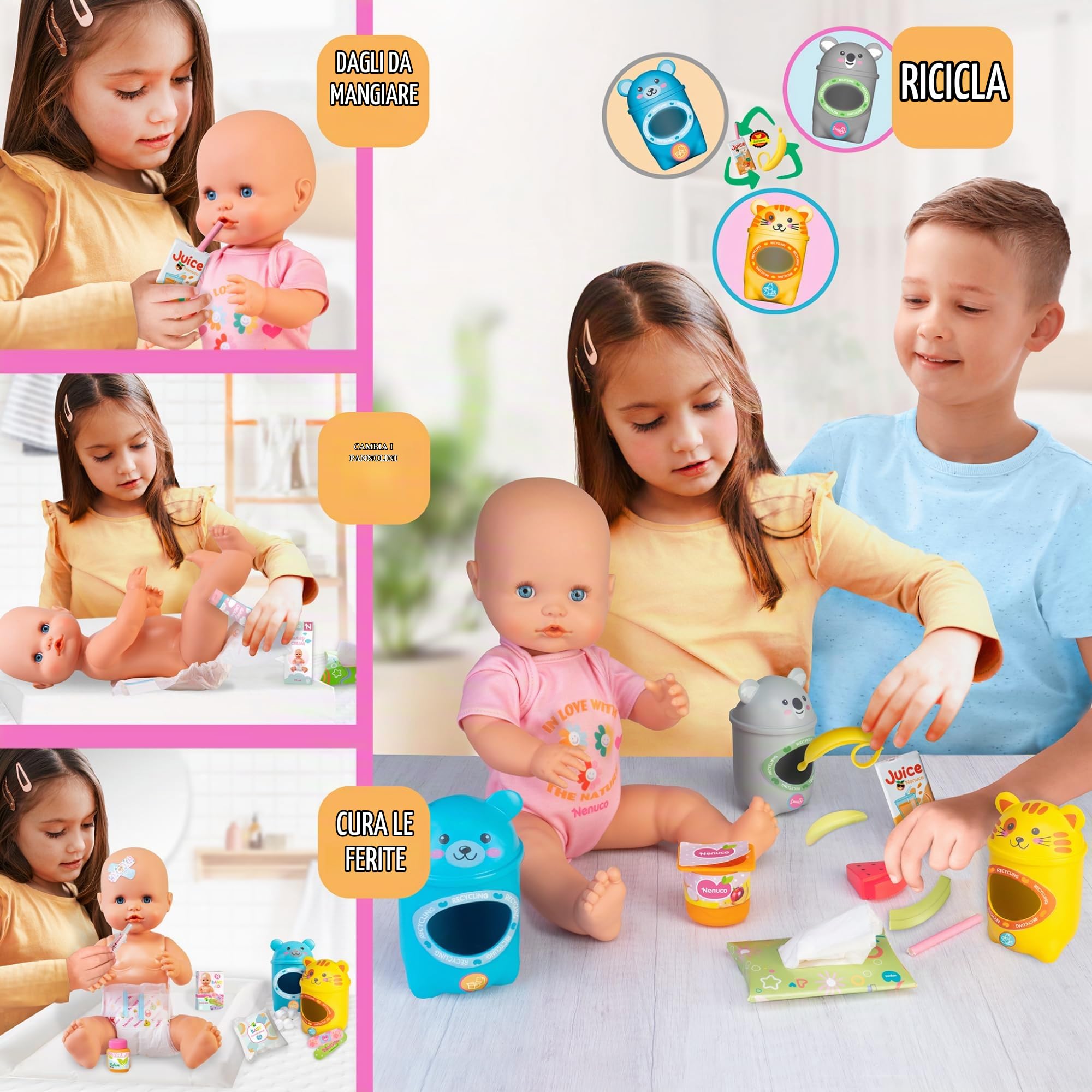 Nenuco Cura & Ricicla, Bambola 42 cm con corpo rigido, accessori per la pappa, per il cambio del pannolino e per la cura delle ferite, include 3 contenitori per il riciclo, +3 anni, Famosa (NFN98000)