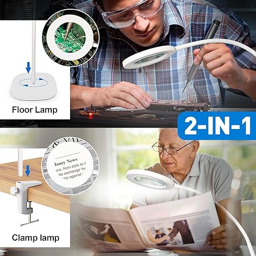 Miniatura 7 de HITTI Lupa de 10 veces con luz y abrazadera, lámpara de pie con lupa manos libres con cuello de cisne flexible, 3 colores regulable regulable con