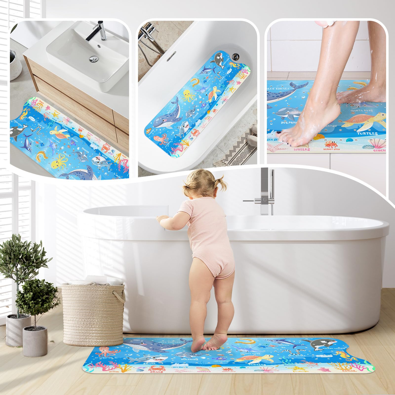 SHUCHING Alfombra Bañera Antideslizante Infantil, Alfombrilla Antideslizante Ducha Niños, Resistente al Moho y Lavable a Máquina Sin BPA, Animales Marinos