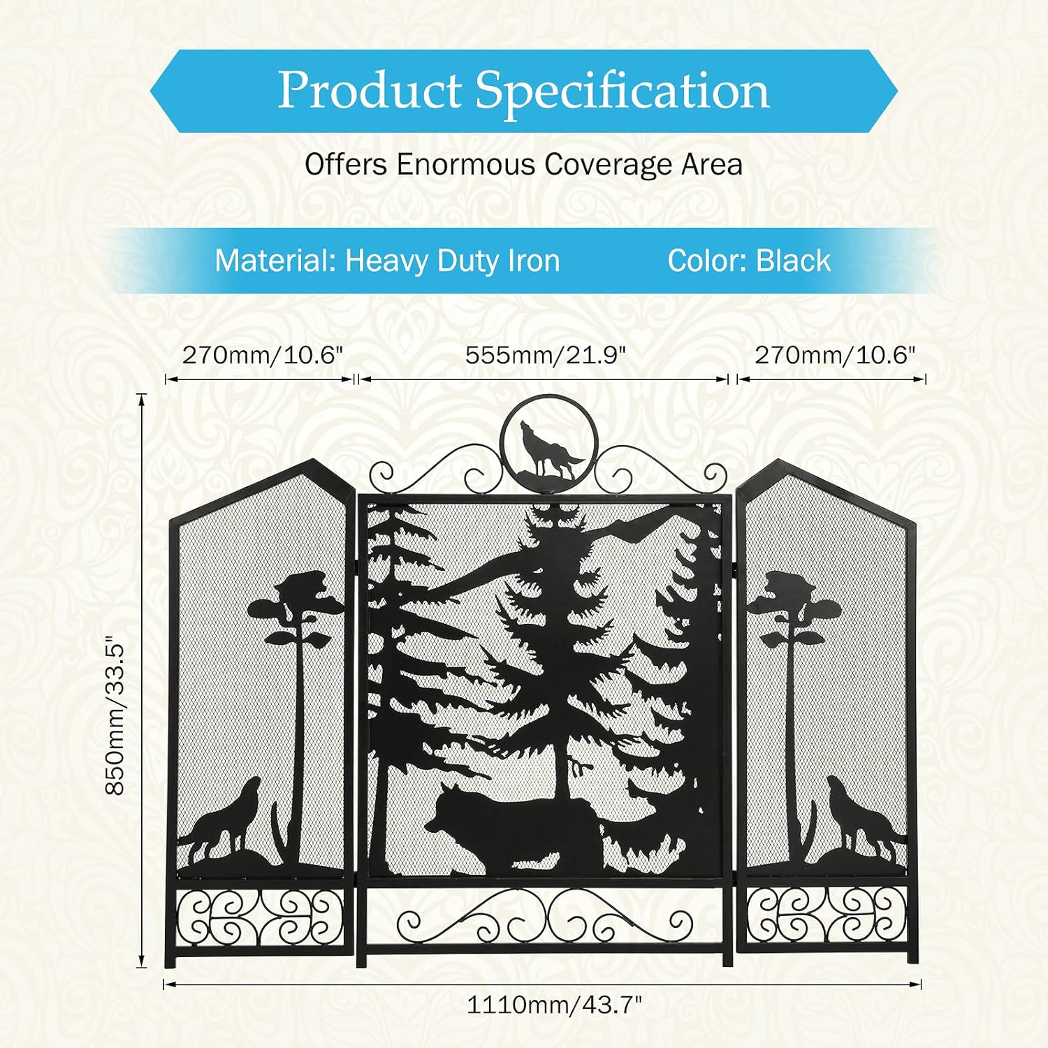 ironwalls fireplace screens decorative, 44” (l) x 34”(h) 3-panel folding fireplace screen black with wolf pattern, free standing metal fireplace gate fence spark guard for baby pet safety wolf pattern (44" x 34")