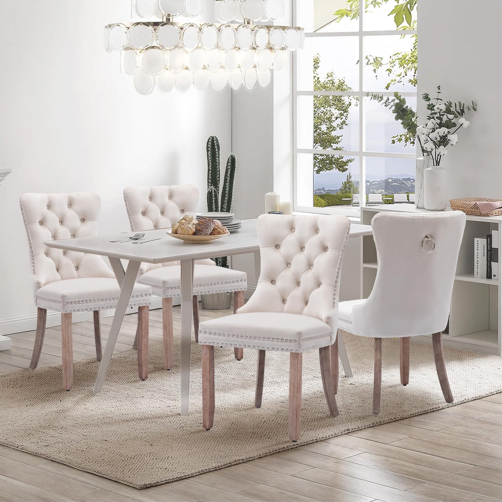 SOARMOTE Velvet Dining Chairs Set of 4,Upholstered Dining Room Chairs with Ring Pull Trim&Solid Wood Legs,Farmhouse Tufted Kitchen Chairs with