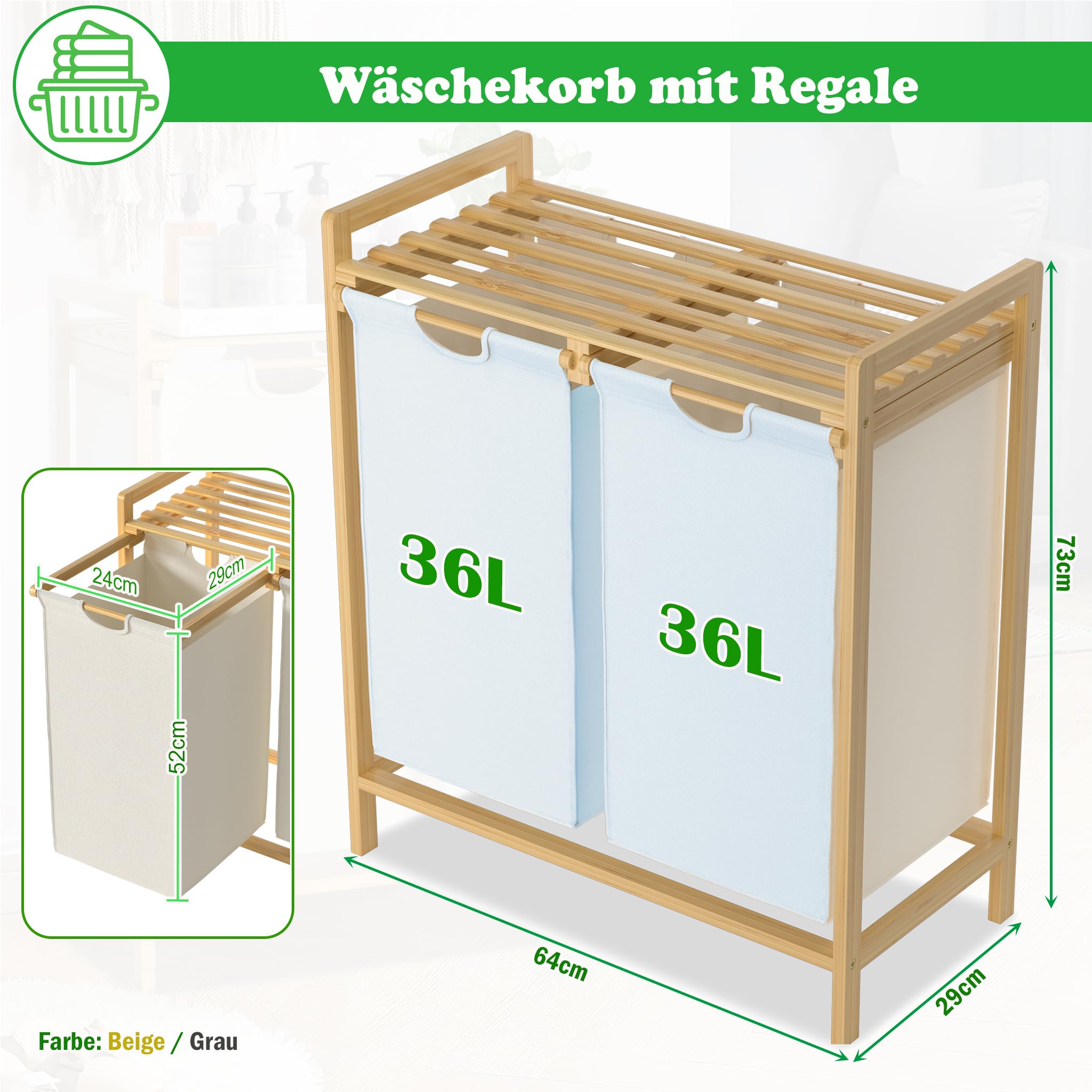 SUBTLETY 2x36L Wäschekorb aus Oxford-Gewebe 2 Fächer Abnehmbar Wäschesammler mit Ablage & Bambusrahmen Wäschesack Ausziehbar Wäschesortierer Effiziente Wäscheaufbewahrung für Waschküche (Beige)