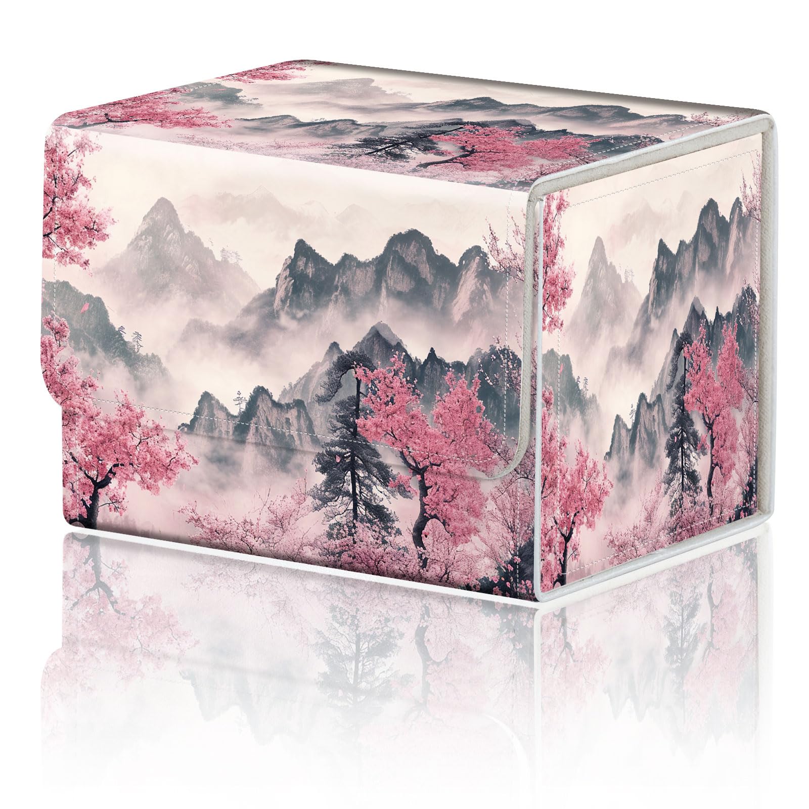 DEGDFSGR Commander Card Game Storage Box for TCG MTG Deck Box Organizer Trading Card Case Magnetic Closure Creative Pattern Up to 200 Cards, Mountains and Pink Trees โ image 1