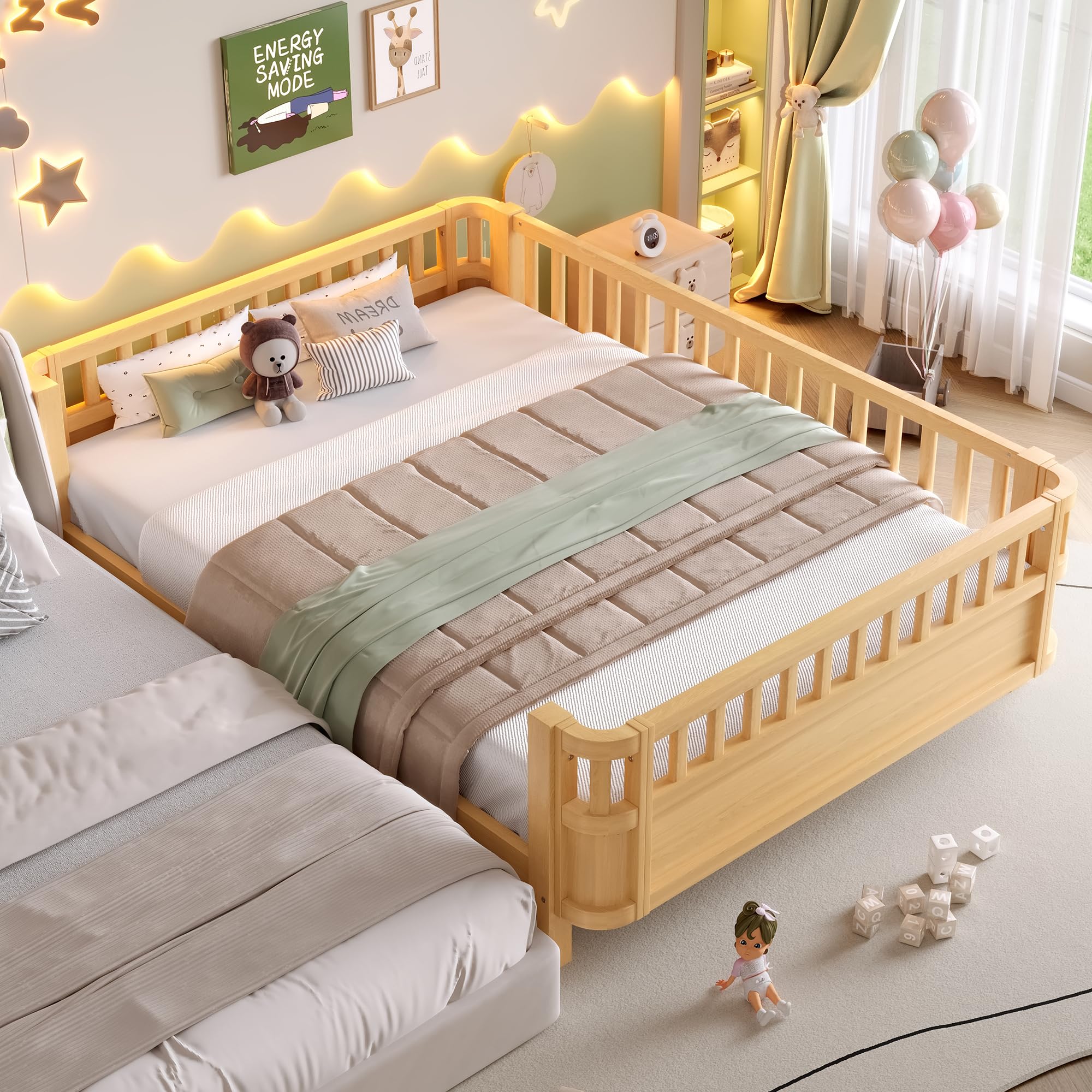 Full Size Montessori Bed with Fence and Slats, Full Size Low Platform Bed Frame with Detachable Side Bed Rails and Rounded Corner Design, Easy Assemble Montessori Bed Natural