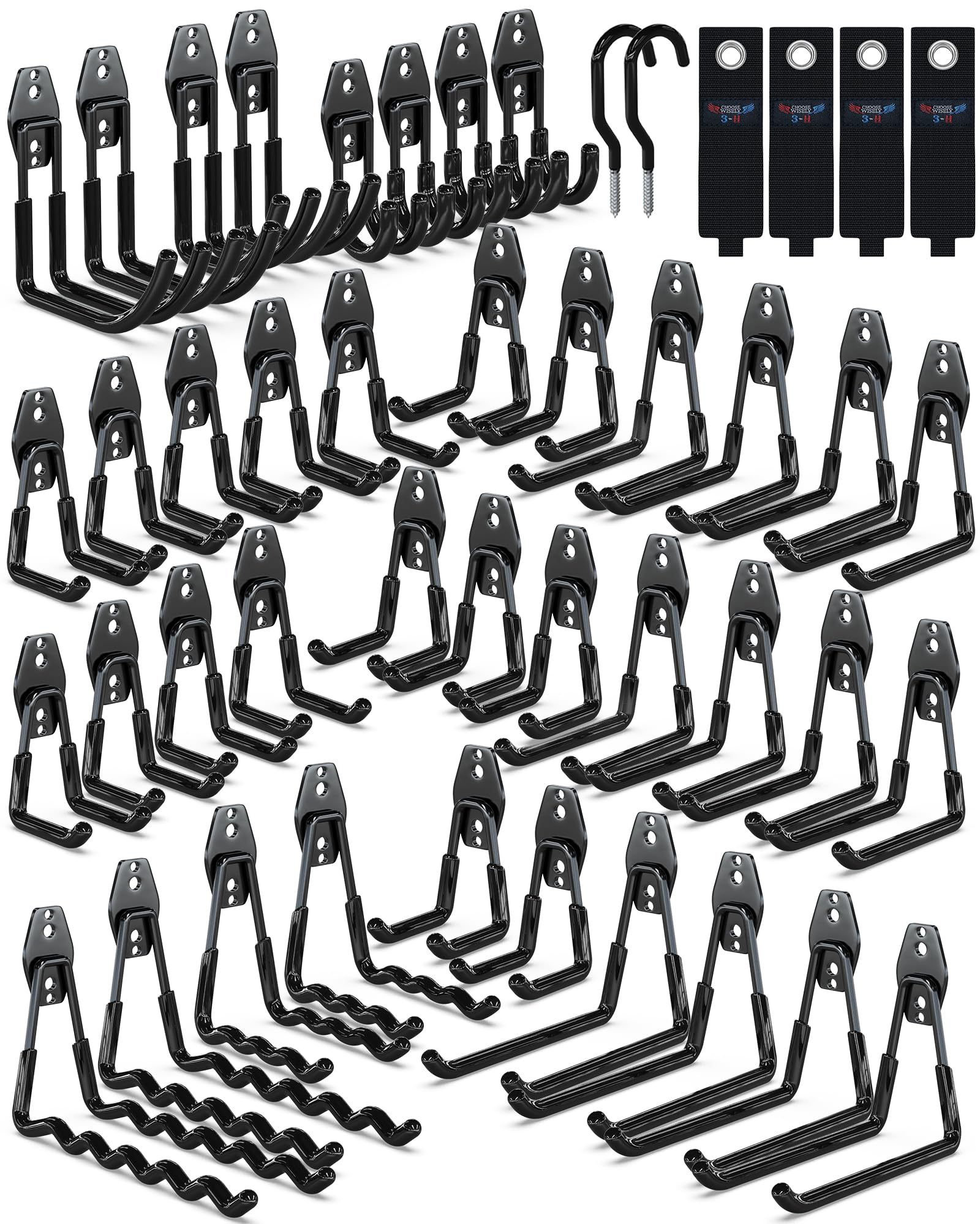 3-H Heavy Duty Garage Hooks, 46 Pack Wall Storage Organizer,Black