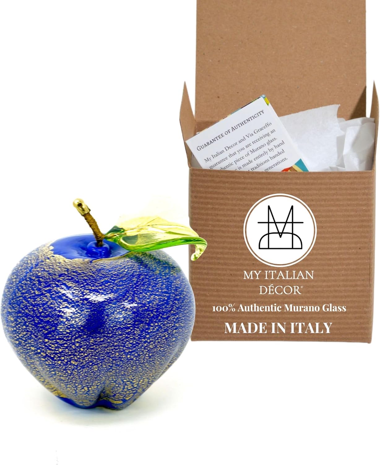 Murano Glass Small Apple Figurine, 1 PCS, Cobalt Blue, 2.5 Inch, Paperweight, Collectible, Glass Art, Blown Glass, Teacher Desk Decor, Made in Italy