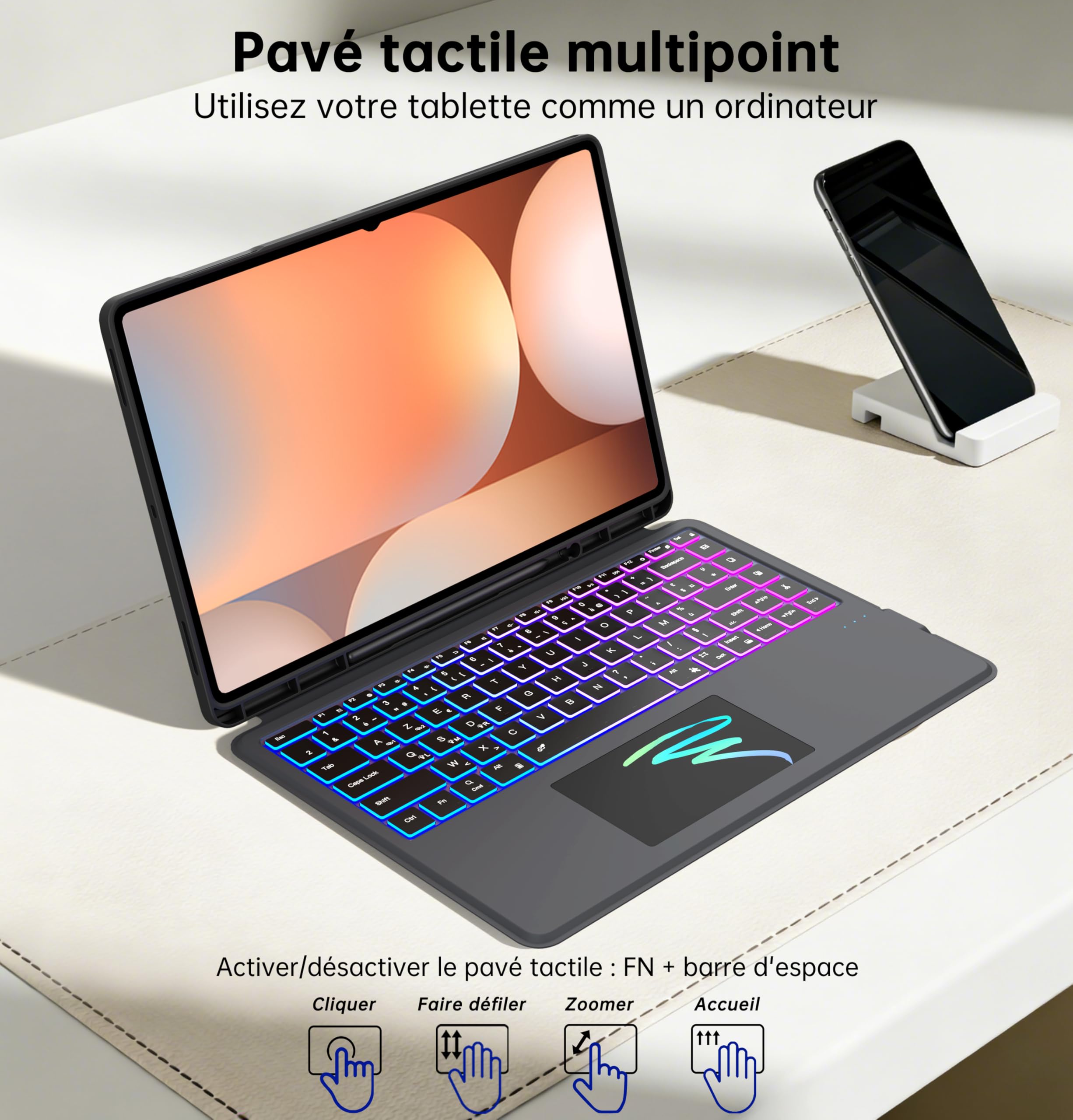 Coque Clavier pour Samsung Galaxy Tab S11 Ultra/S10 Ultra/S9 Ultra/S8 Ultra 14.6 pouces: 7 Couleur Rétro-éclairé Magnétique Clavier Détachable avec Trackpad | Claviers Azerty Français Sans Fil S9Ultra