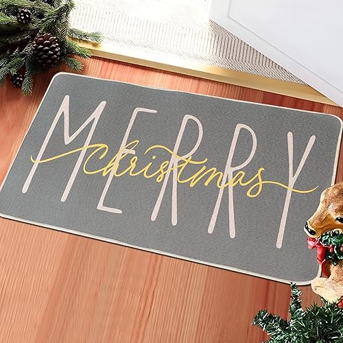 Miniatura 4 de ONWAY Felpudo de Navidad, tapete de invierno gris dorado para puerta de invierno, de bajo perfil, tapete para interiores y exteriores, 17.5 x 29