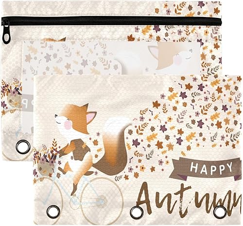 Fox Ride - Estuche para lápices de bicicleta para 3 anillas, bolsa transparente para lápices con cremallera, estuche de otoño para suministros de