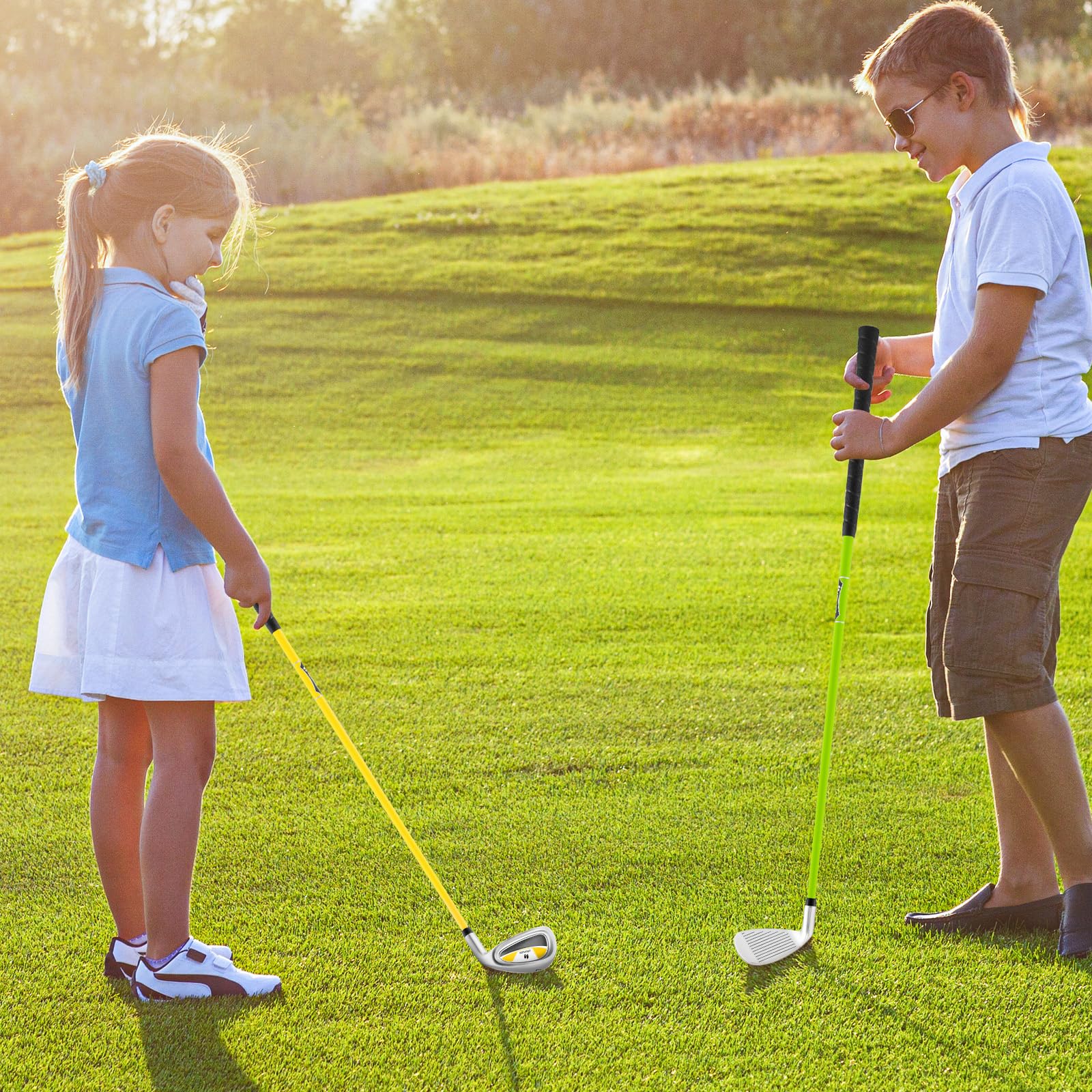 COSTWAY Hierro Junior #7 para Niños, Palo de Golf Individual para Chicos y Chicas con Eje de Fibra de Vidrio y Cabeza Protectora, Palo de Golf para Práctica Junior, Mano Derecha, 76 CM, Edad 8-10