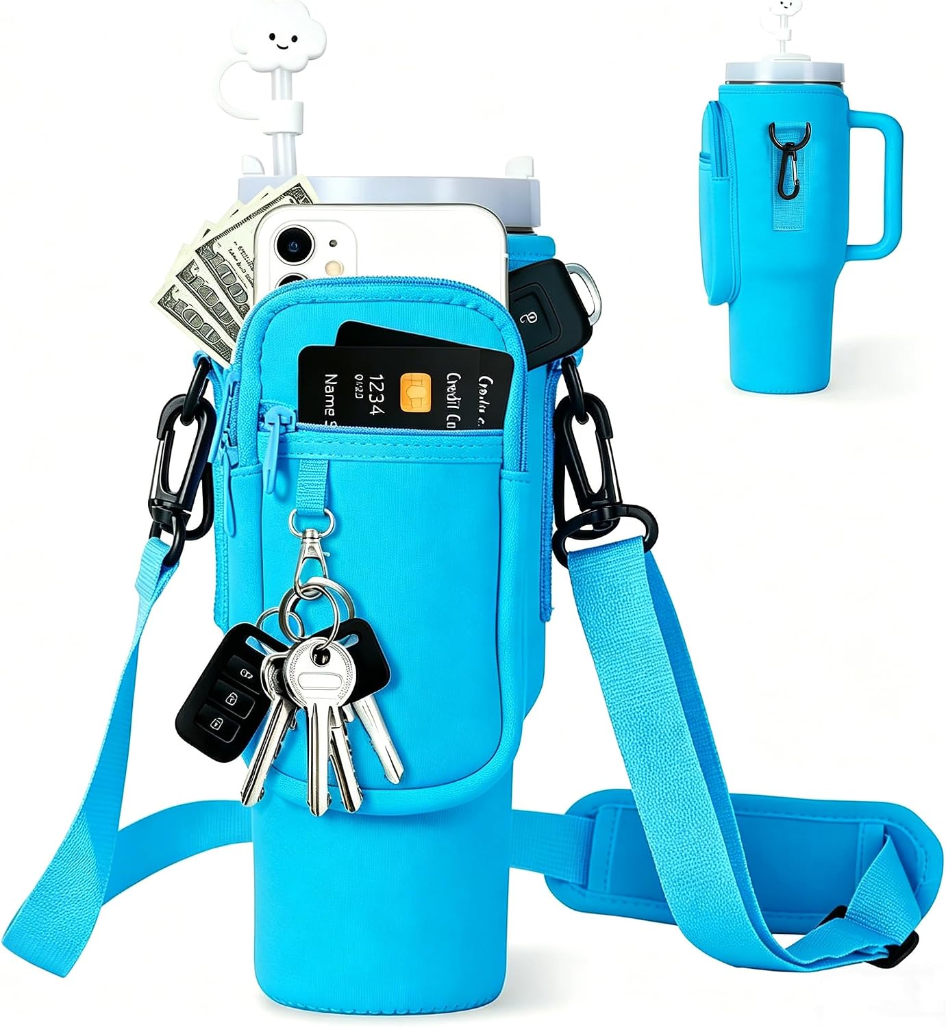 Water Bottle Carrier Bag for Stanley 40 oz Tumbler with Handle Adjustable Strap Sling Crossbody Bag with Phone Pocket Quencher H2.0 Stanley Cup Holder Pouch for Hiking Gym Accessories