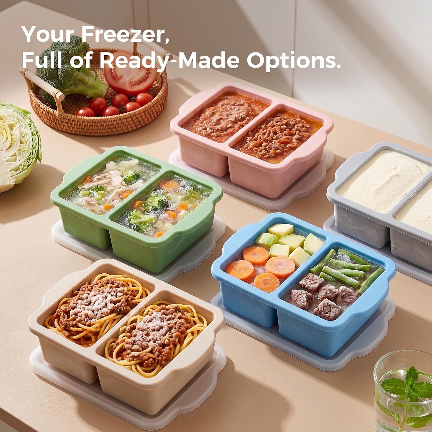5 Pack Silicone Freezer Trays with Lids, Soup Cubes Freezer Molds, 1-Cup Food Storage Container, Dishwasher, Leakproof, Oven Safe, Stackable, Ideal for Soup, Rice and More, Leftovers & Meal Prep