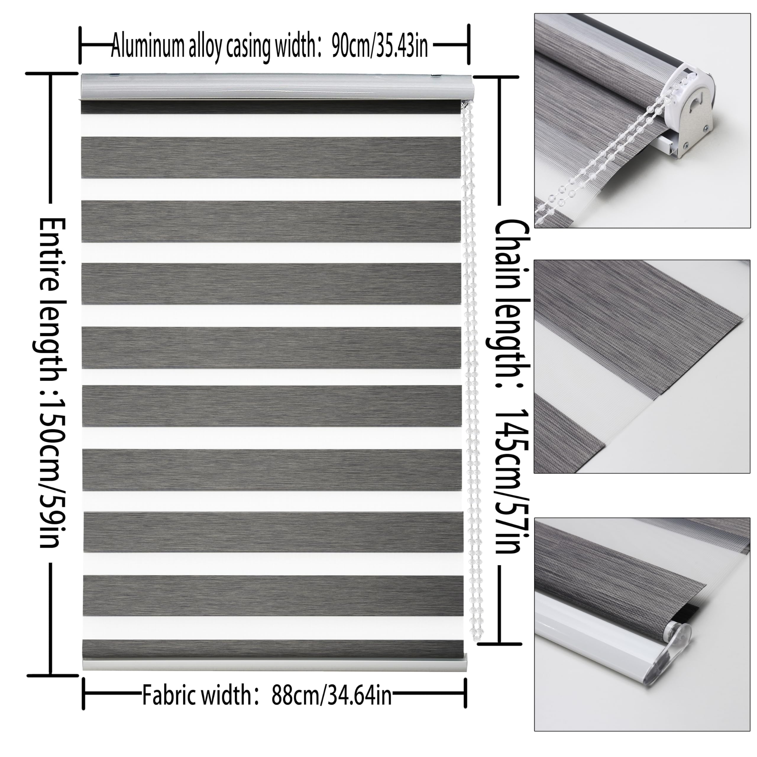 Store Enrouleur zébré Jour Nuit - Rideau occultant pour fenêtre, Porte, fenêtre, Cassette en Aluminium - Rideaux translucides (Gris, 90 x 150 cm)