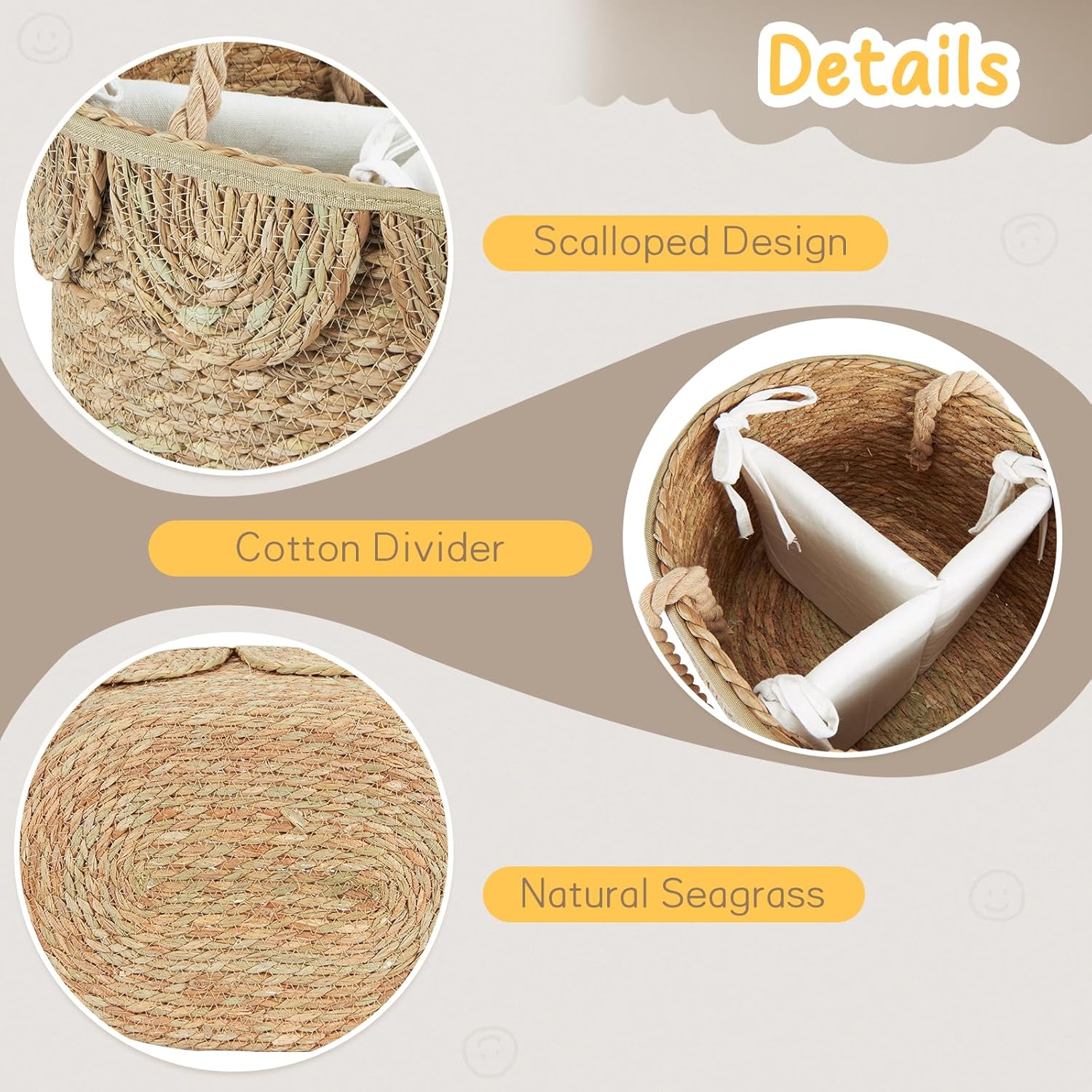 FairyHaus Diaper Caddy Organizer, Portable Natural Wicker Diaper Caddy with Rope Handles and Cotton Divider, Handwoven Seagrass Diaper Caddy Basket with Scalloped Edge for Nursery Picnic