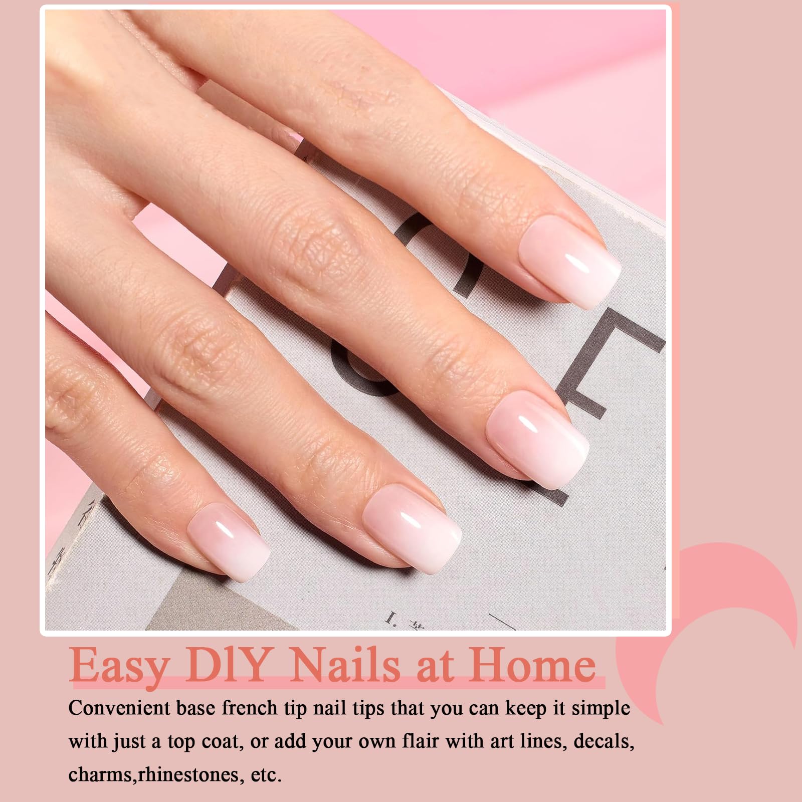 240Pcs False Nails Kit, 240Pcs Natural Gradient Nude Pink Fake Nails, Acrylic Square Fake Nails Pink Tips - Image 2