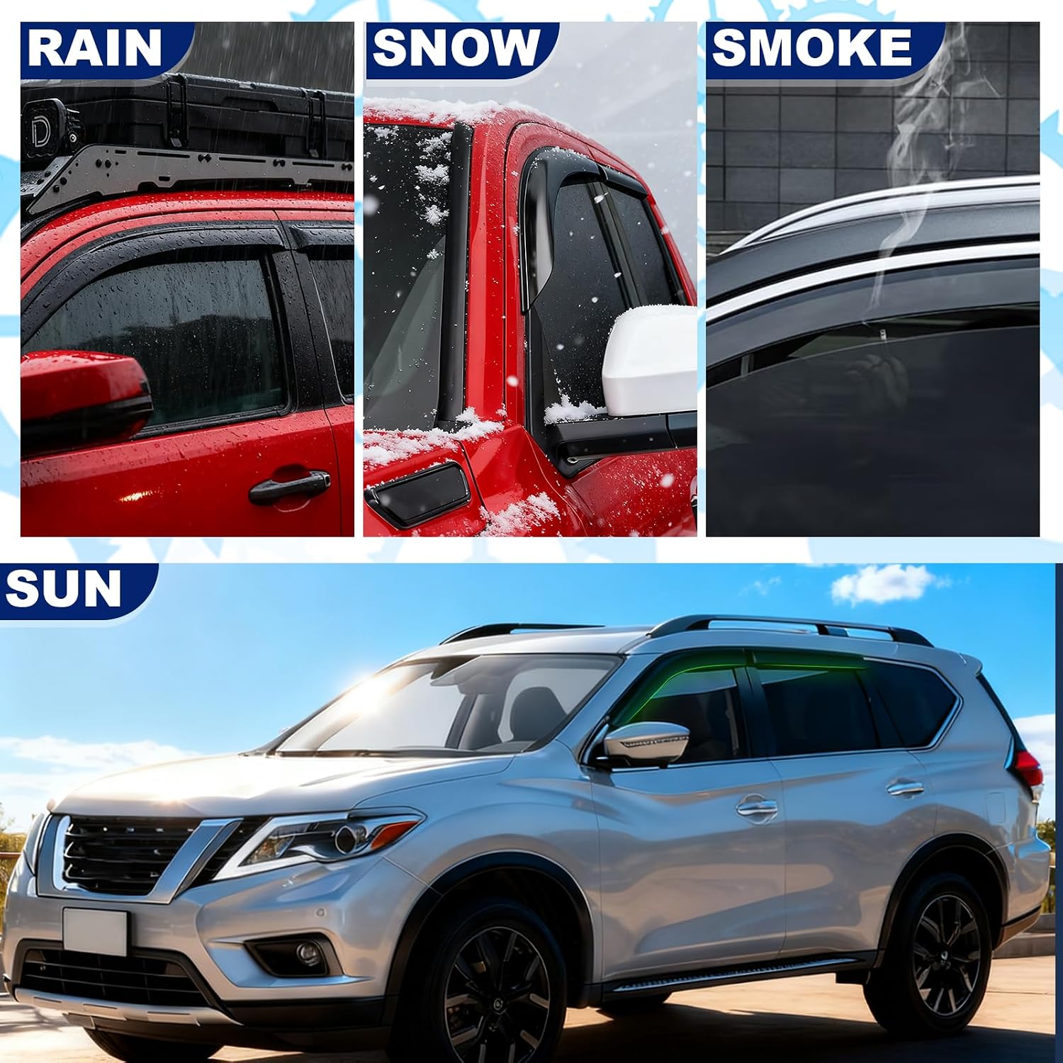 Window Visors Rain Guards for 2013-2021 Nissan Pathfinder Accessories Taped on Windshield Guard Out Channel Windows Deflector Sun Visor 4PCS (Fit for 13-21)