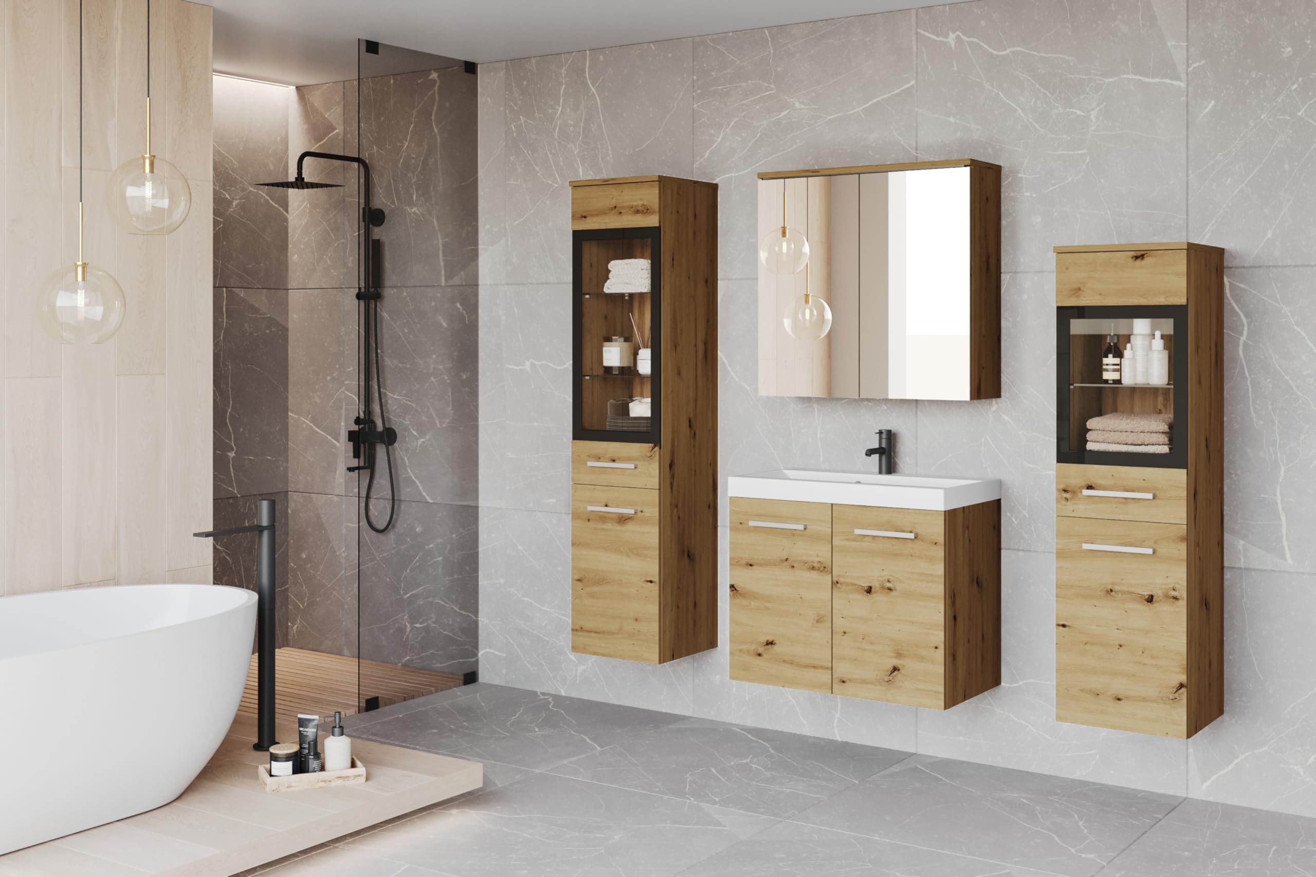 PIASKI Conjunto de Muebles de baño Udine, Lavabo Incluido, Juego de Muebles de baño, Armario Alto, Mueble de Lavabo, Espejo, Armario acristalado, sifón y lavaboincluido (Roble Artisan)