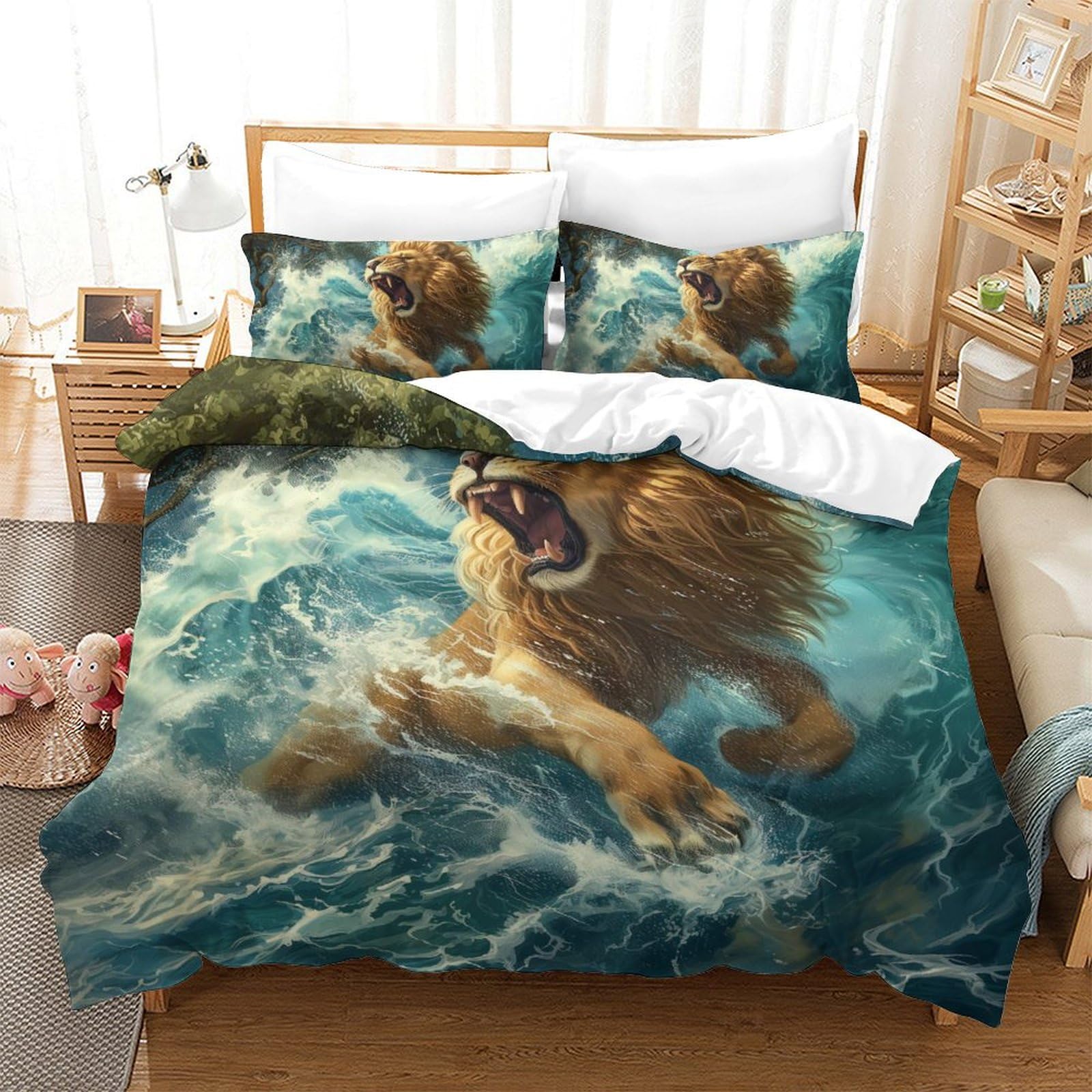Parure de lit lion 200x200 housse de couette 3 pièces microfibre