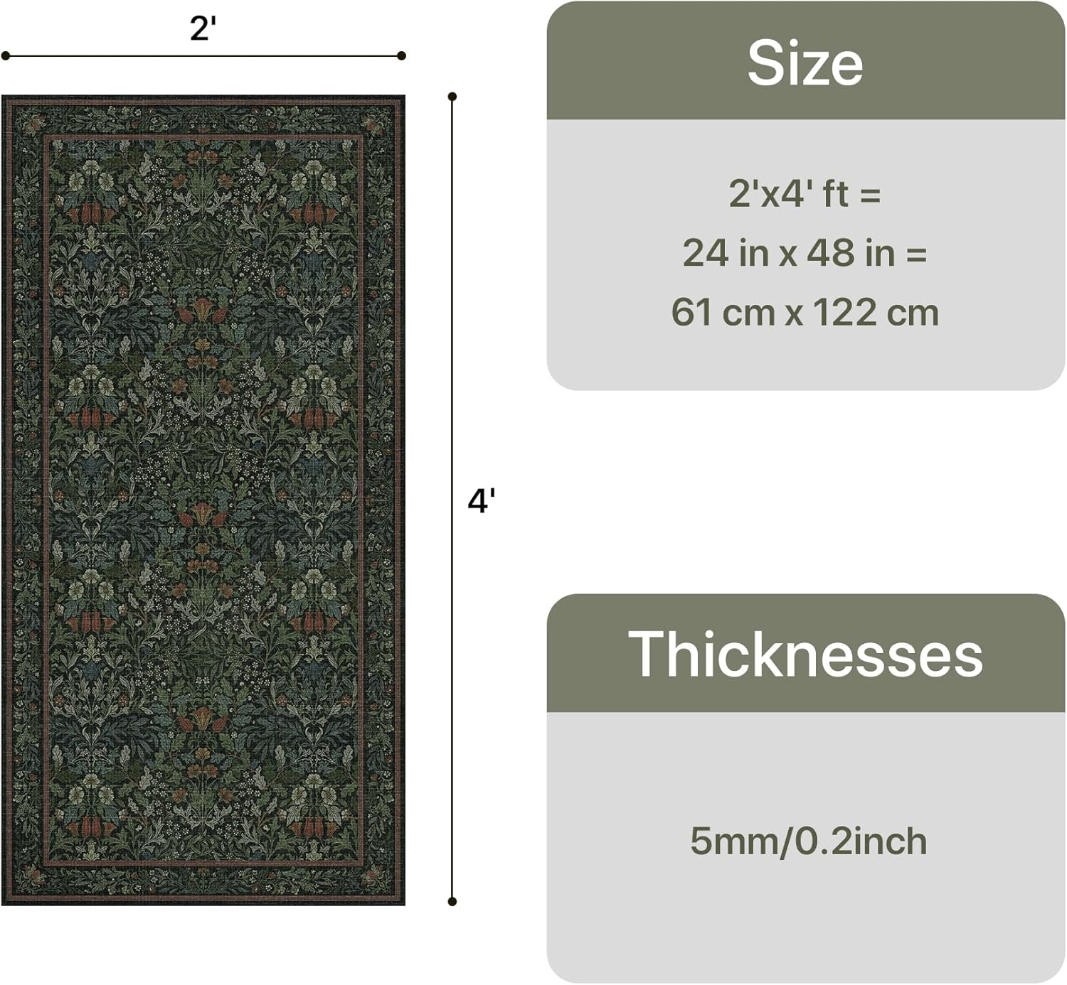Bavni 2x3 Small Area Rug Machine Washable Non Slip, Vintage Floral Throw Rug, Low Pile Thin Lightweight Carpet for Entryway, Hallways, Kitchen and Bathroom, Dark Green