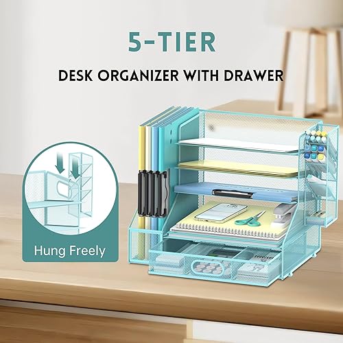 Miniatura 4 de DALTACK Organizador de escritorio de malla, bandeja de papel de 5 niveles con soporte para archivos, soporte para bolígrafo y cajón deslizante,