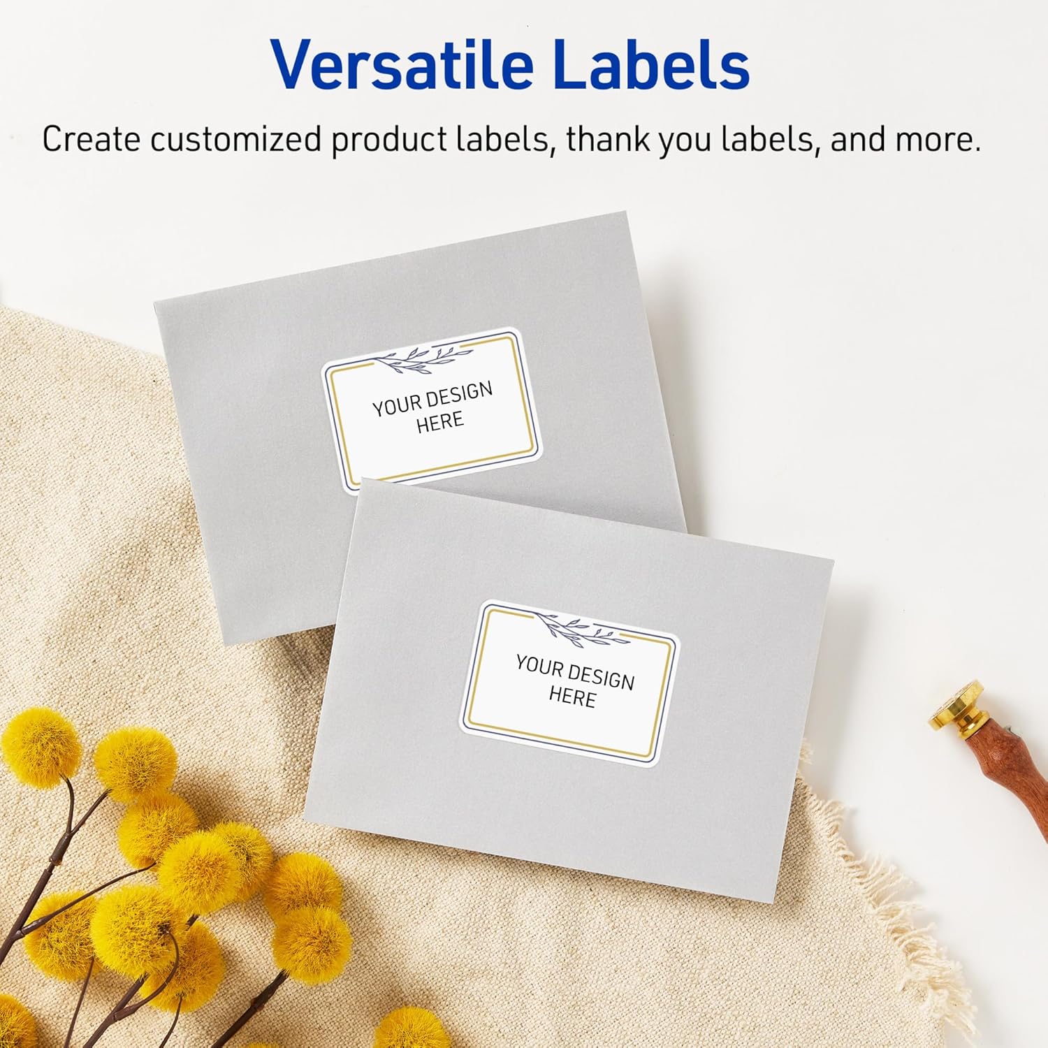 Avery Printable Shipping Labels, 2" x 4", Glossy White with Gold & Navy Border Florals Design, Permanent Adhesive, Laser & Inkjet Compatible, 100 Total, Great for Shipping, Branding, and Weddings