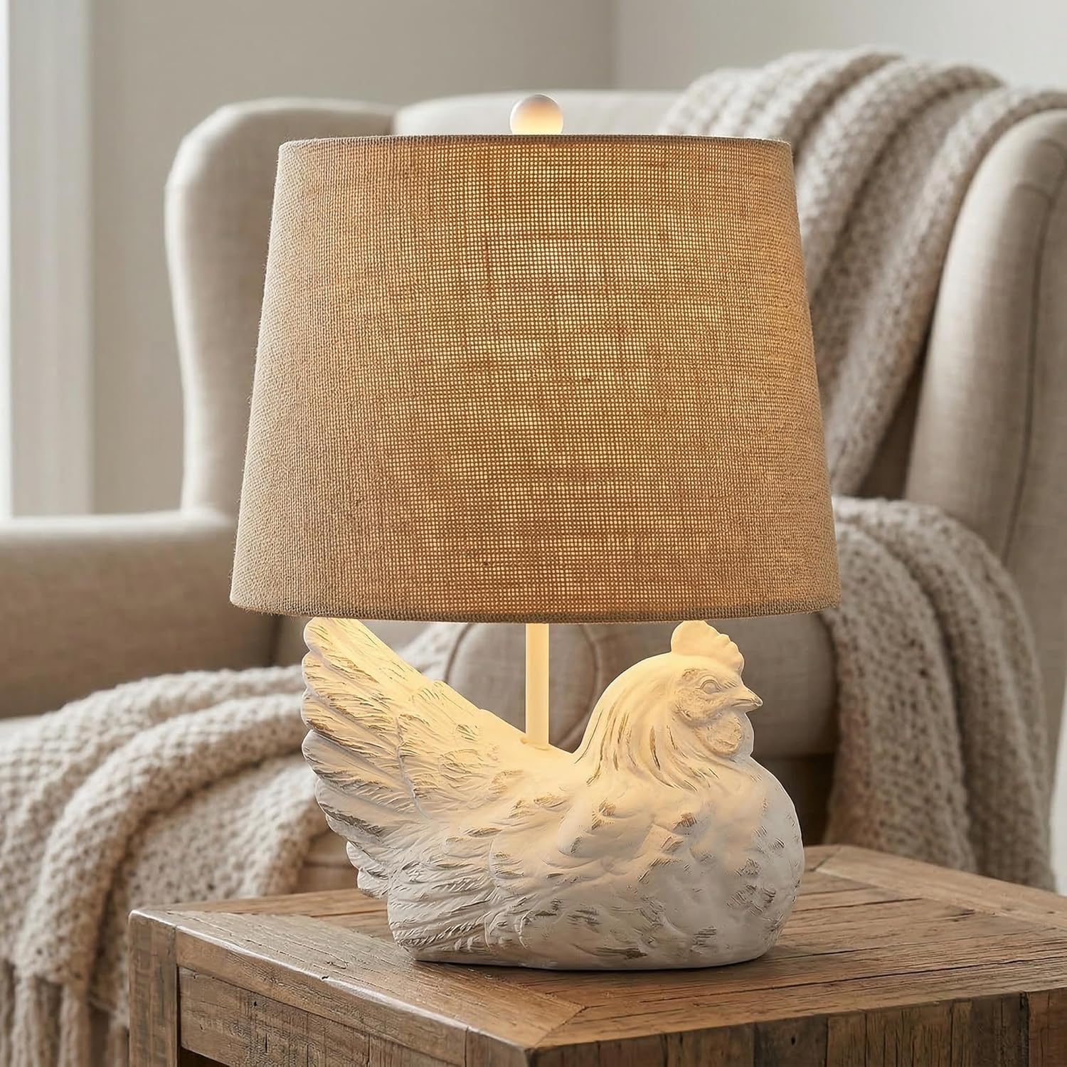 Crestview Collection Chicken Table Lamp,18" H Sculpted Resin Hen Lamp with Burlap Shade, Rustic White-Charcoal Animal Sculpture Lamp for Bedroom Kids Room Farm Decor Nightstand Light