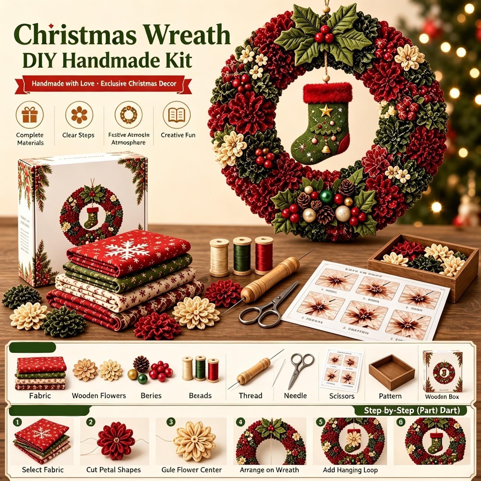 3D Fabric Poke Wreath DIY Kit, Christmas Wreath DIY Kit for Adults (H) - Image 3