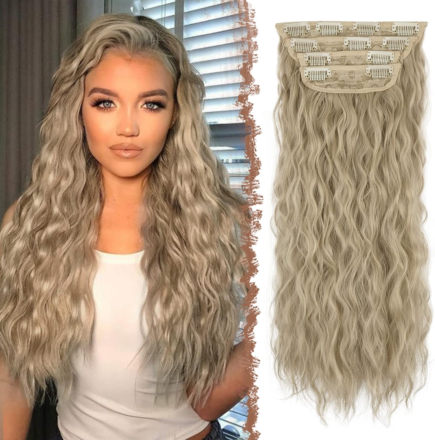 FESHFEN Clip in Hair Extensions 4PCS Wavy Clip in Extensions Synthetic Long Curly Wavy Thick Ash