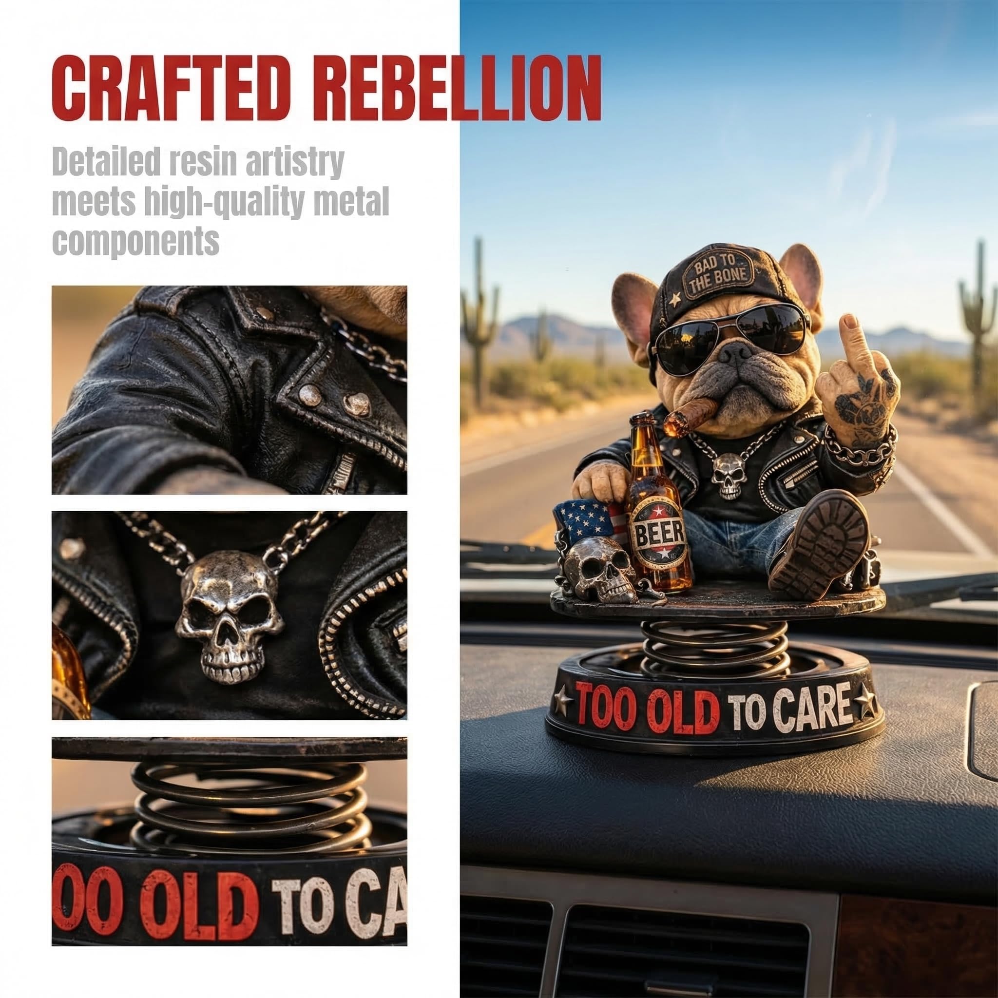 Too Old To Care Dashboard Bobblehead, Easy Placement & Stability, Funny Resin Nodding Head Dog Ornament, Tough Bulldog Bobble Head Figures for Car Dashboard — view 3