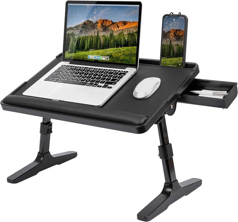 Easy Tilt Bed Desk - Black, Fits 17.3" Laptops | 4 Tilt Angles, 4 Height Settings, Full-Surface Mouse Pad, Storage Drawer, Anti-Slip Top, Device Stopper, Folds Flat