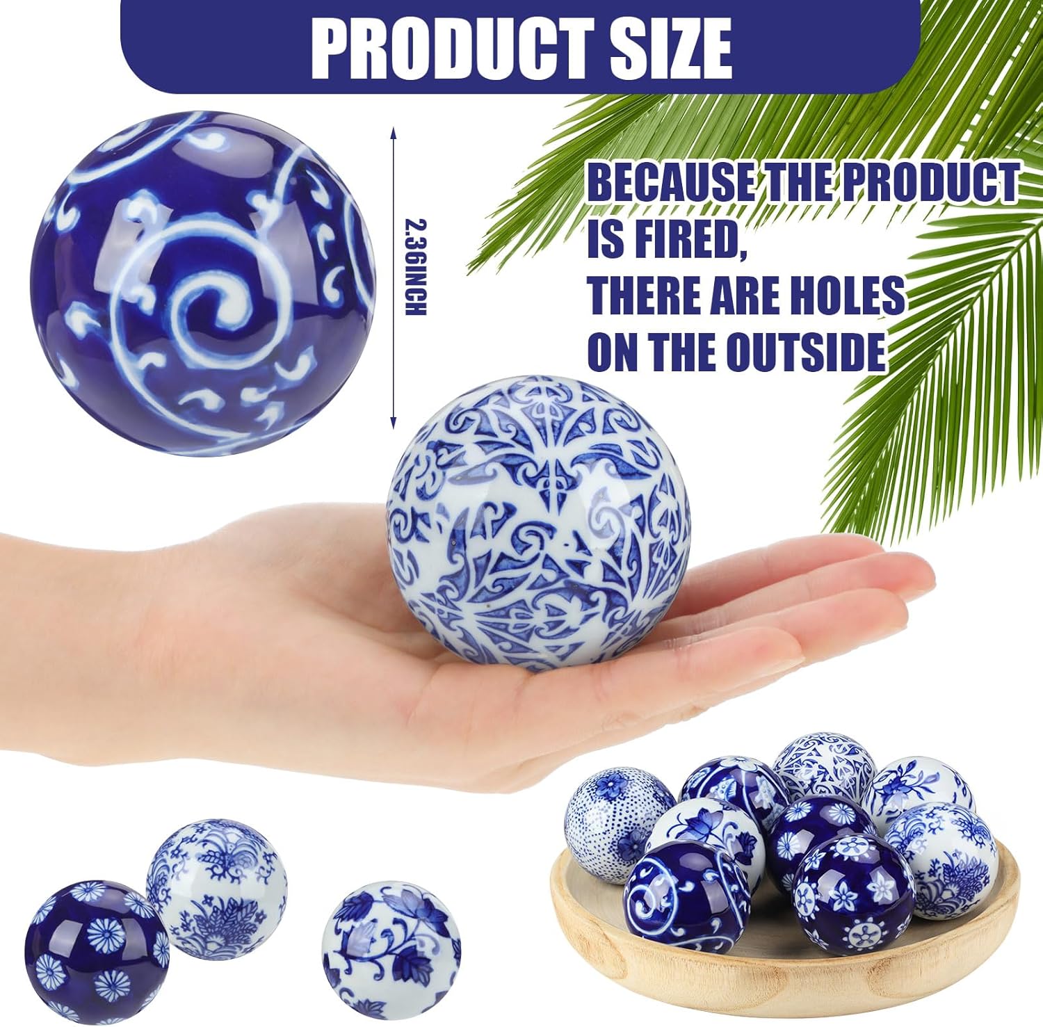 Vesici 9 Pcs Blue and White Porcelain Balls Decorative Chinoiserie Orbs for Centerpiece Bowls China Ceramic Balls Farmhouse Basket Tray Vases Decoration Gifts for Dining Table Holiday(Elegant Style)