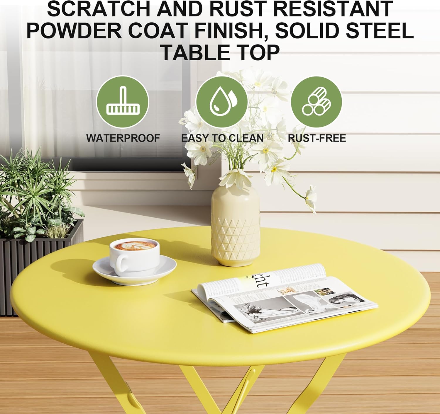 3-Piece Folding Bistro Set, Outdoor Patio Furniture Set with 2 Chairs & 1 Table, Space-Saving Foldable Balcony Garden Set with Heavy-Duty Powder-Coated Steel Frame, No Assembly Required, Yellow