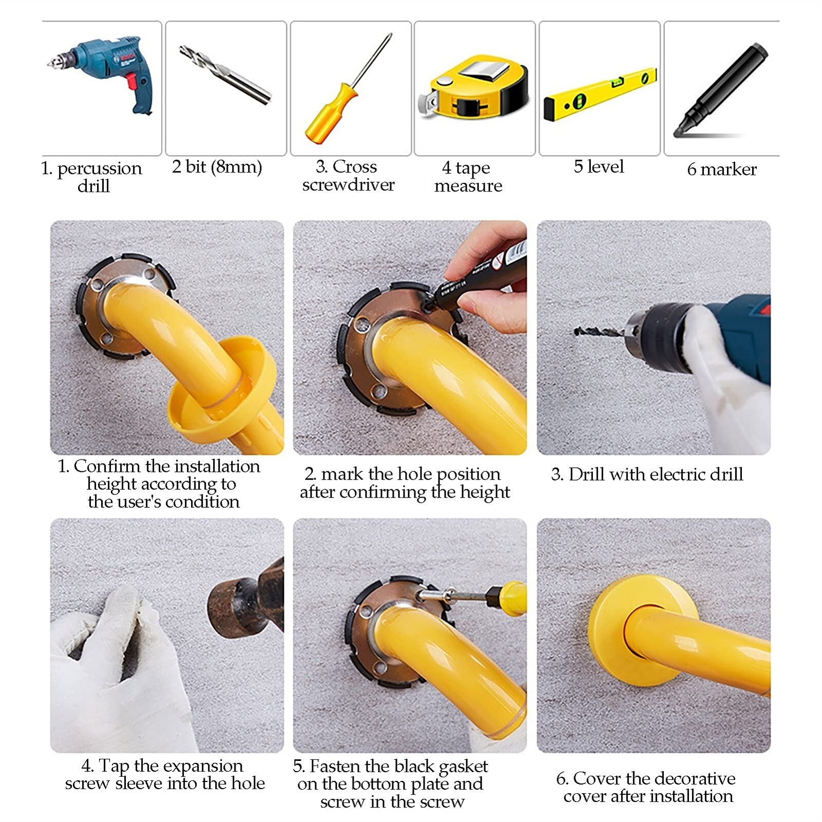 Barra de Agarre Antideslizante de 30 cm para Ducha con Ventosa Resistente, Ideal para el baño, Proporciona Equilibrio y es Antideslizante (Amarilla).
