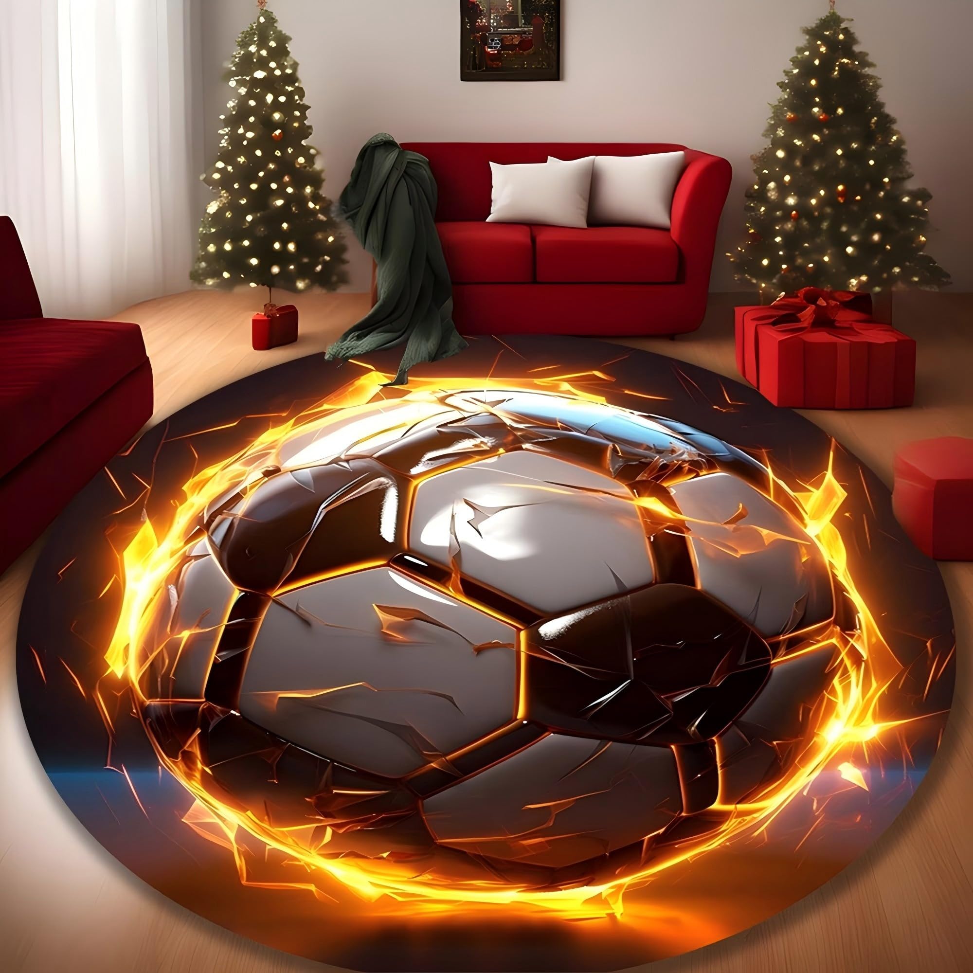 Runder 3D Fußball Teppich, 120x120cm Zerbrochenem Muster, Cooler Flammen Sportteppich, Sportlicher Kinderzimmerteppich Jungen, Rutschfester, Waschbarer Runder Bodenteppich Teenager Spielzimmer