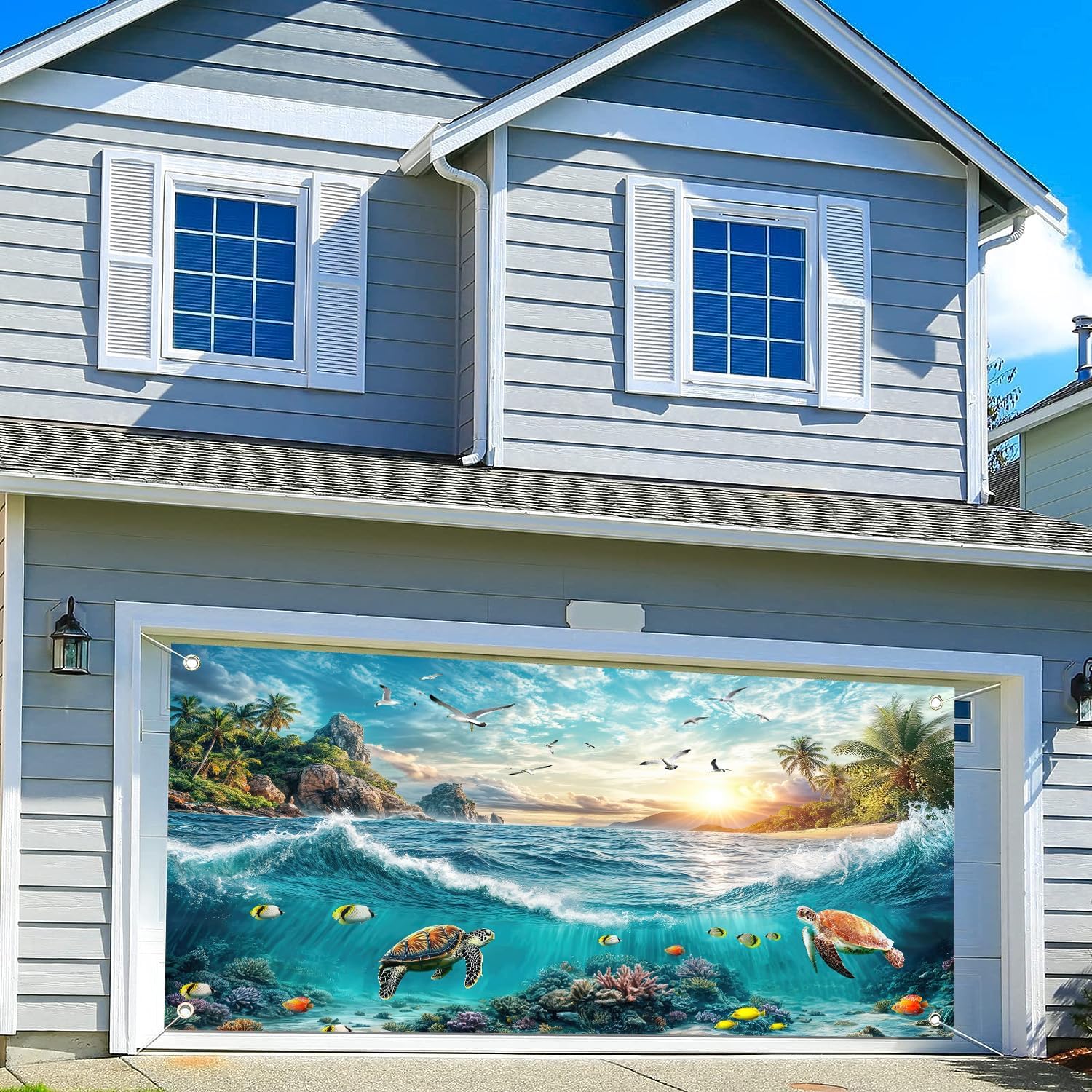 16X7ft Summer Under The Sea Garage Door Cover Decoration Background Beach Ocean Undersea Turtle Palm Tree Photography Backdrop Coral Sky Clouds Seaside Islands Sunset Decor Banner Cover