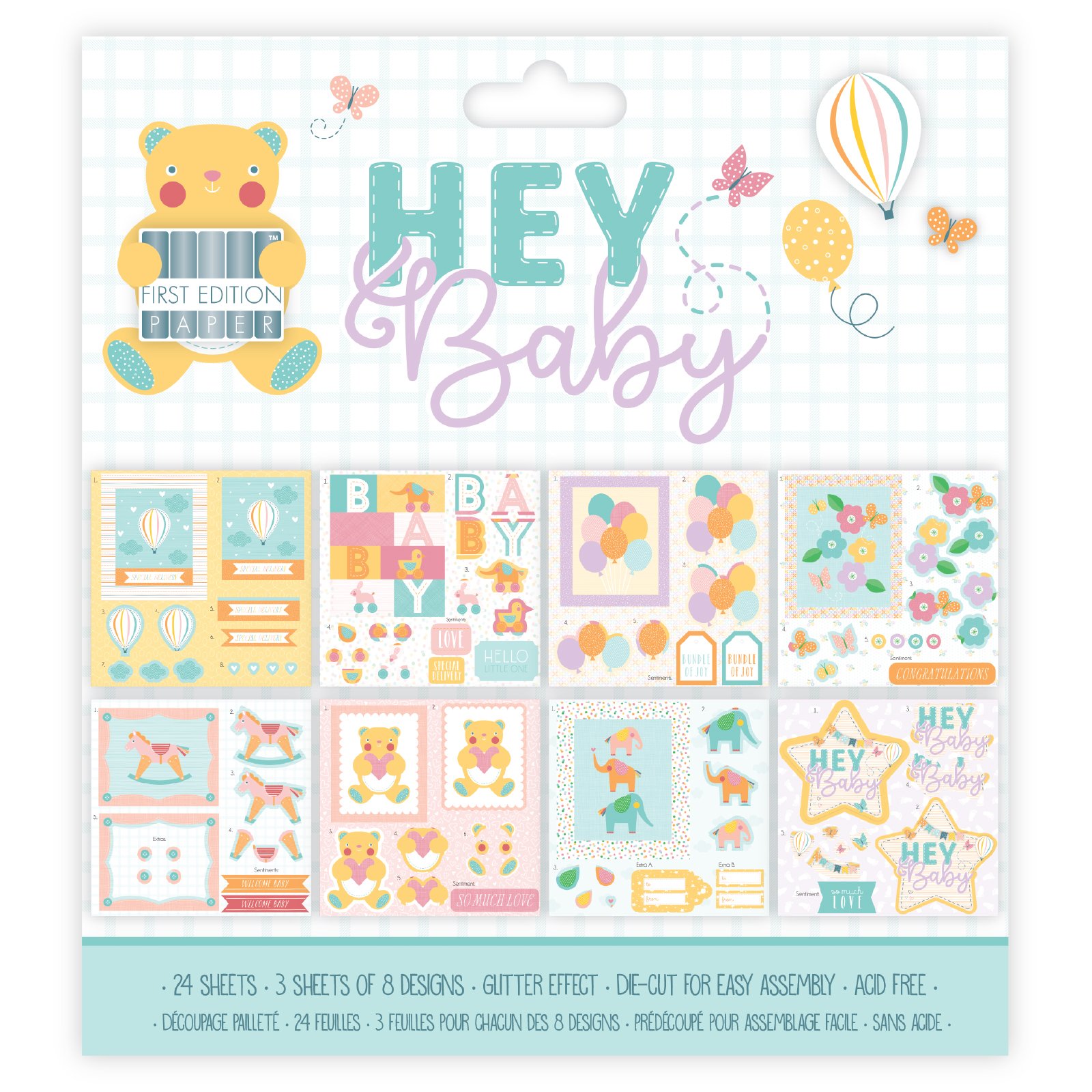FEDPG001 | Hey Baby Decoupage Pad 8" x 8" / 20.3 x 20.3 cm (24 Sheets, Glitter Effect, Die-Cut For Easy Assembly, Acid Free, FSC | Perfect For Scrapbooking and Photo Storage