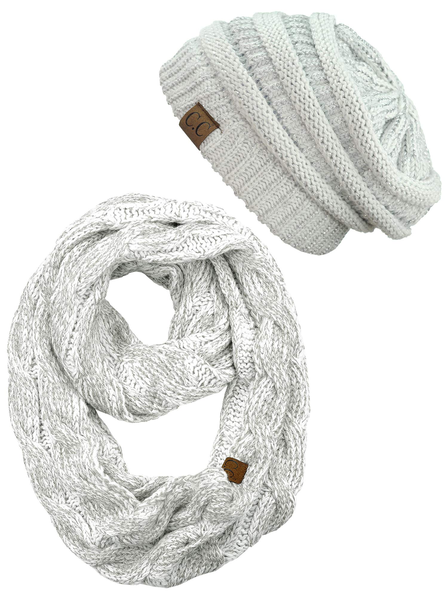 C.C Unisex Soft Stretch Chunky Cable Knit Beanie and Infinity Loop Scarf Set