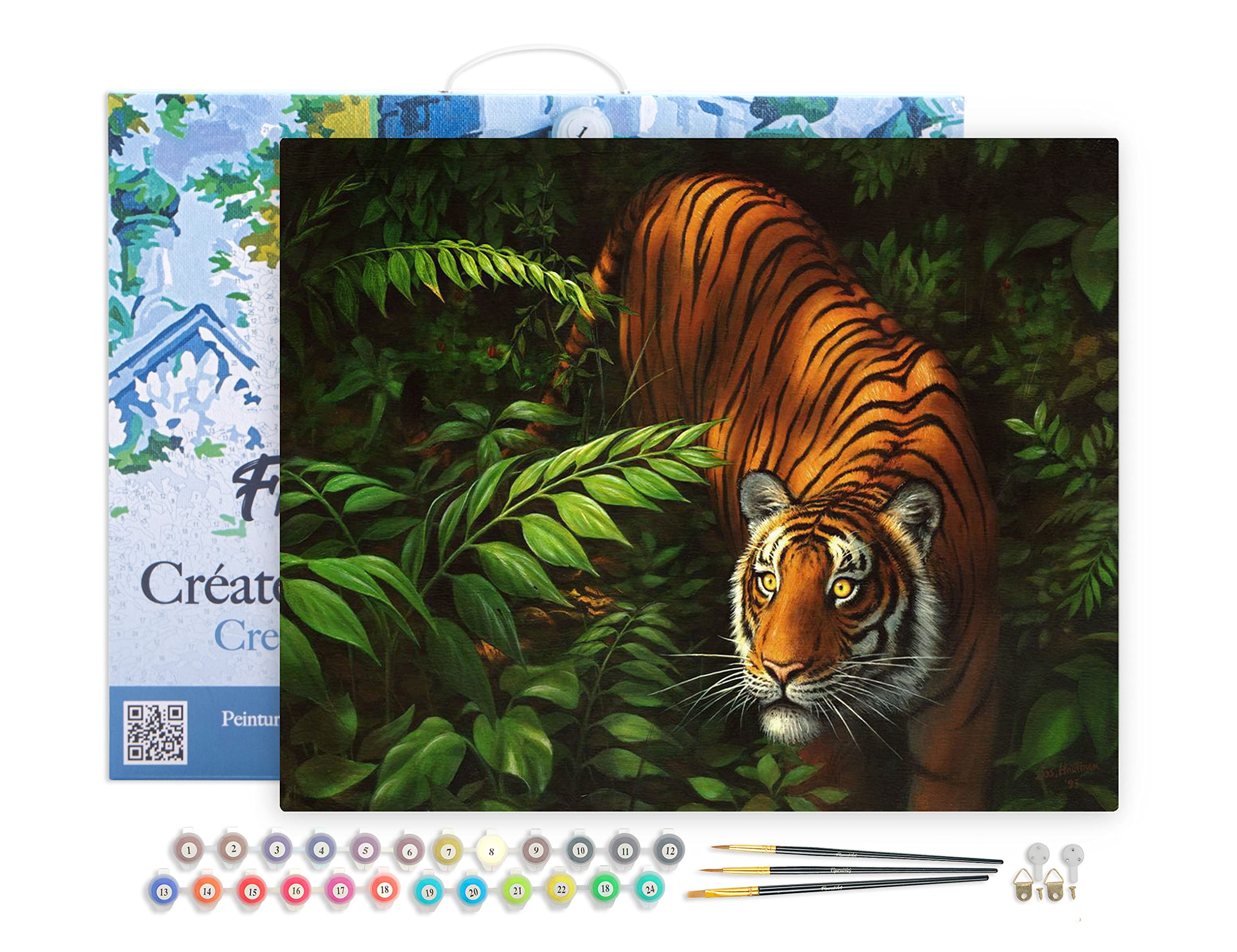 Figured'Art Malen Nach Zahlen Erwachsene Mit Rahmen Tiger im Farne - Paint by Numbers Basteln DIY Bastelset 40x50cm Leinwand gespannt auf Holzrahmen