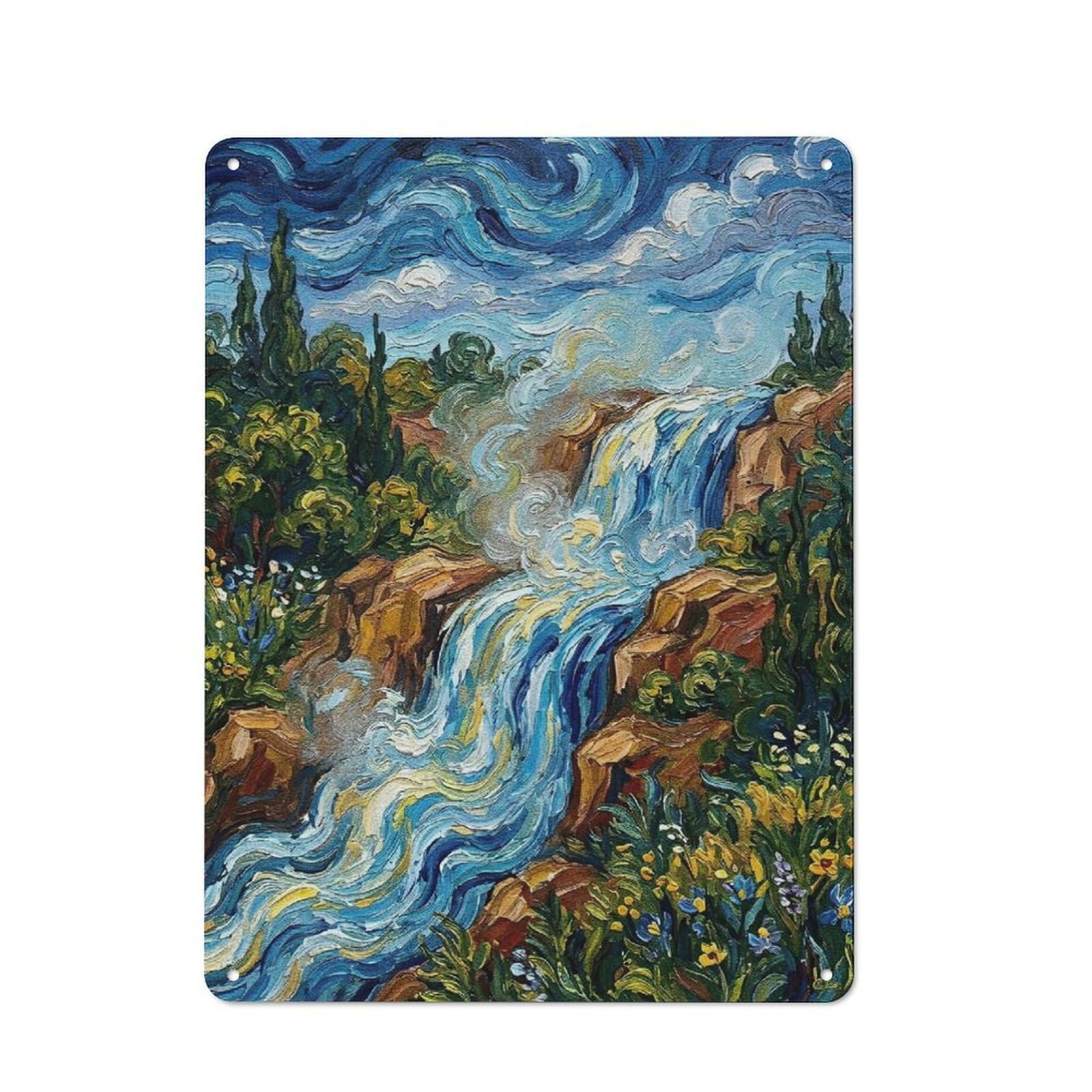Impressionistic Waterfall Landscape Painting Retro Metal Wall Decor 40x30cm, Vintage Metal Sign for Cafe, Pub, Workshop Or Home Bar