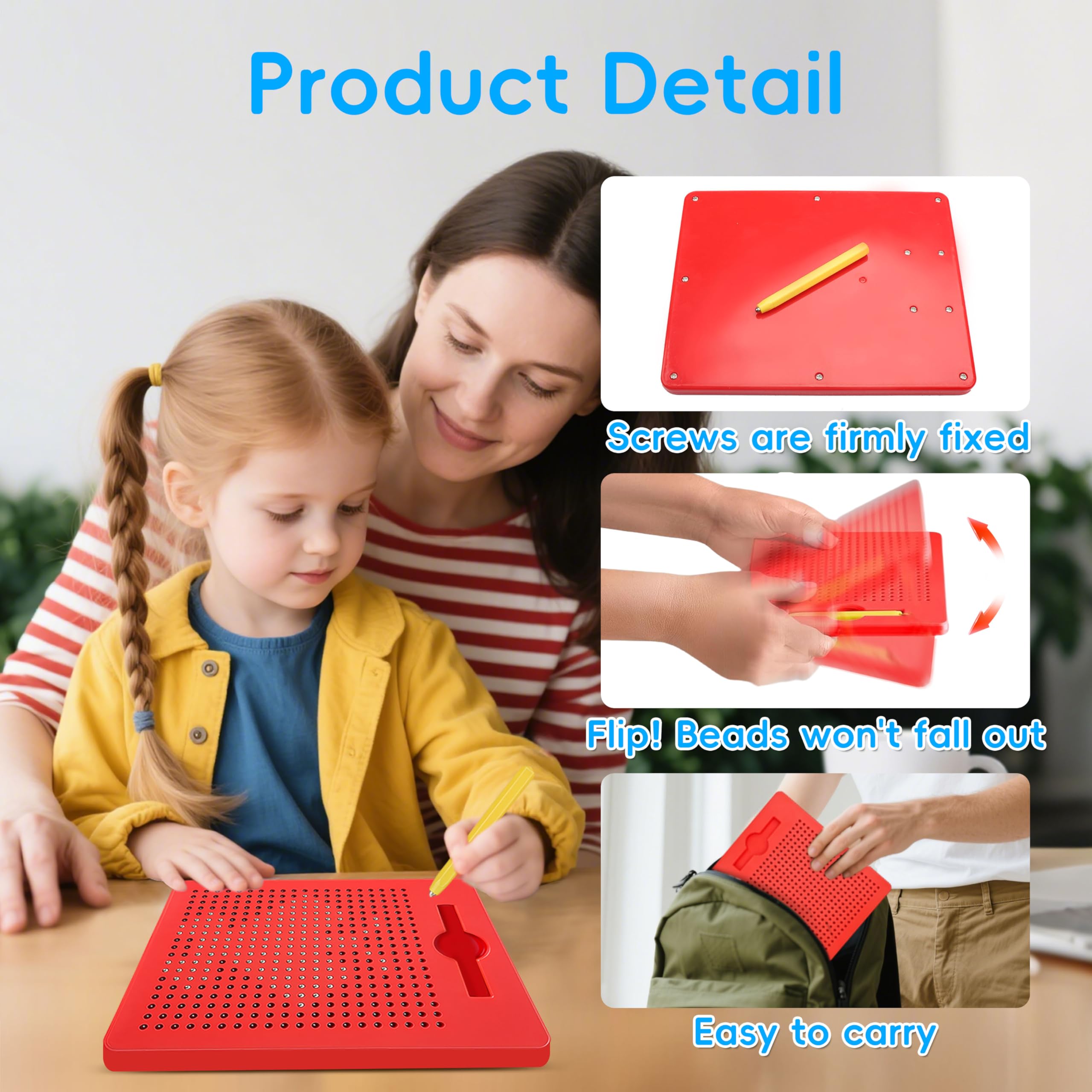 AMFUN 2 Pcs Magnetic Steel Ball Drawing Board with Pen, Magnetic Drawing Boards for Kids, Magnetic Doodle Board Tablet, Educational Toy for Children's Drawing, Doodling and Writing (Red, Blue) - Image 3