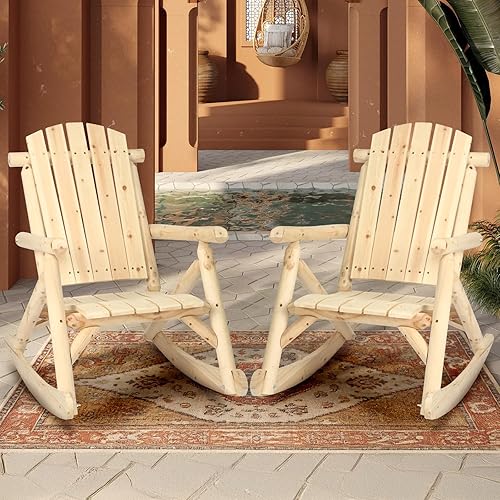 HOMEDIARY Mecedora Adirondack de madera, silla mecedora de troncos para patio al aire libre con diseño de madera de rejillas, respaldo alto y estilo